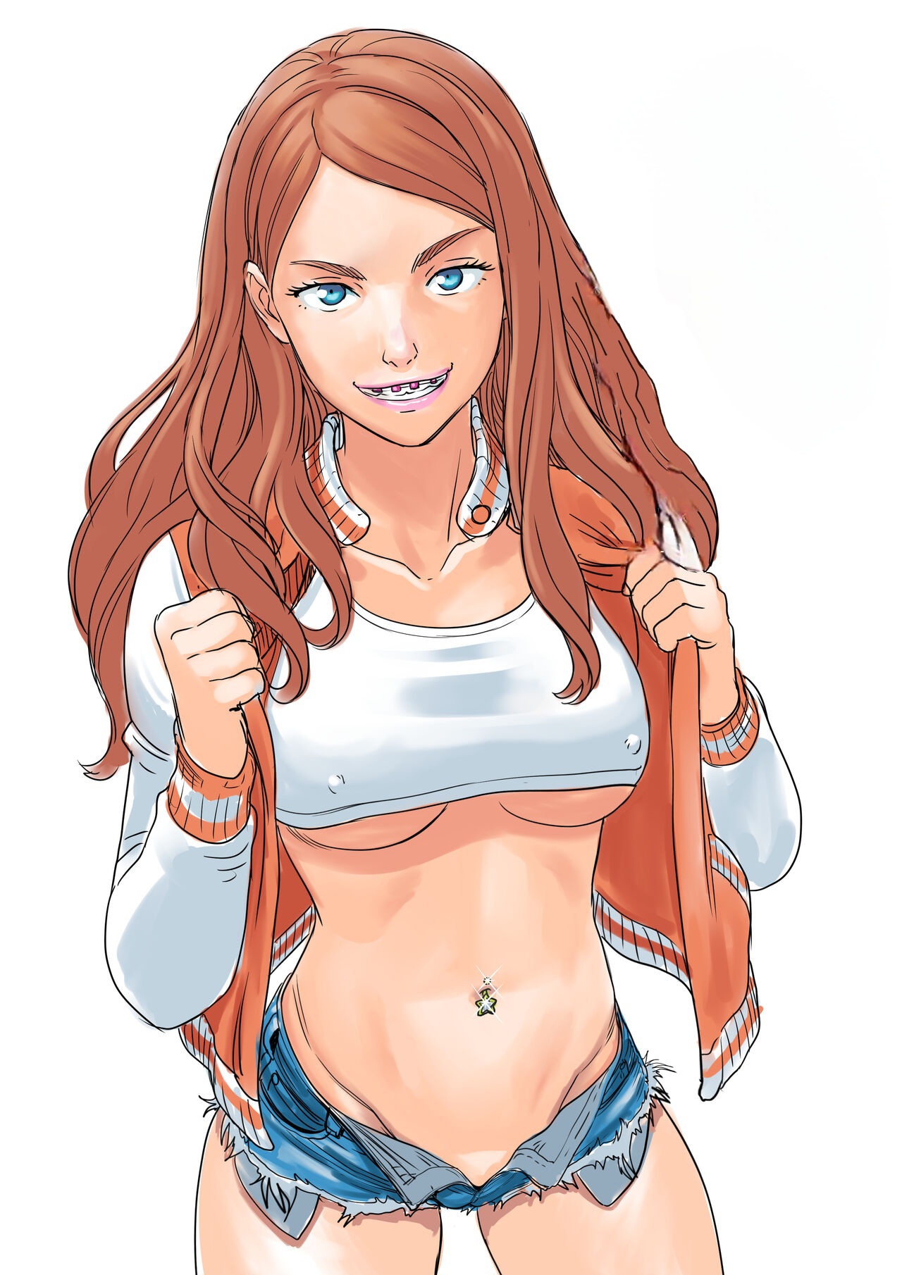 1girls, 2d, braces, crop top, devious, devious grin, grin, jean shorts, light skin, navel piercing, open shorts, original, shorts, solo, tammy (tekuho), teasing, tekuho, textless, unzipped shorts, white background