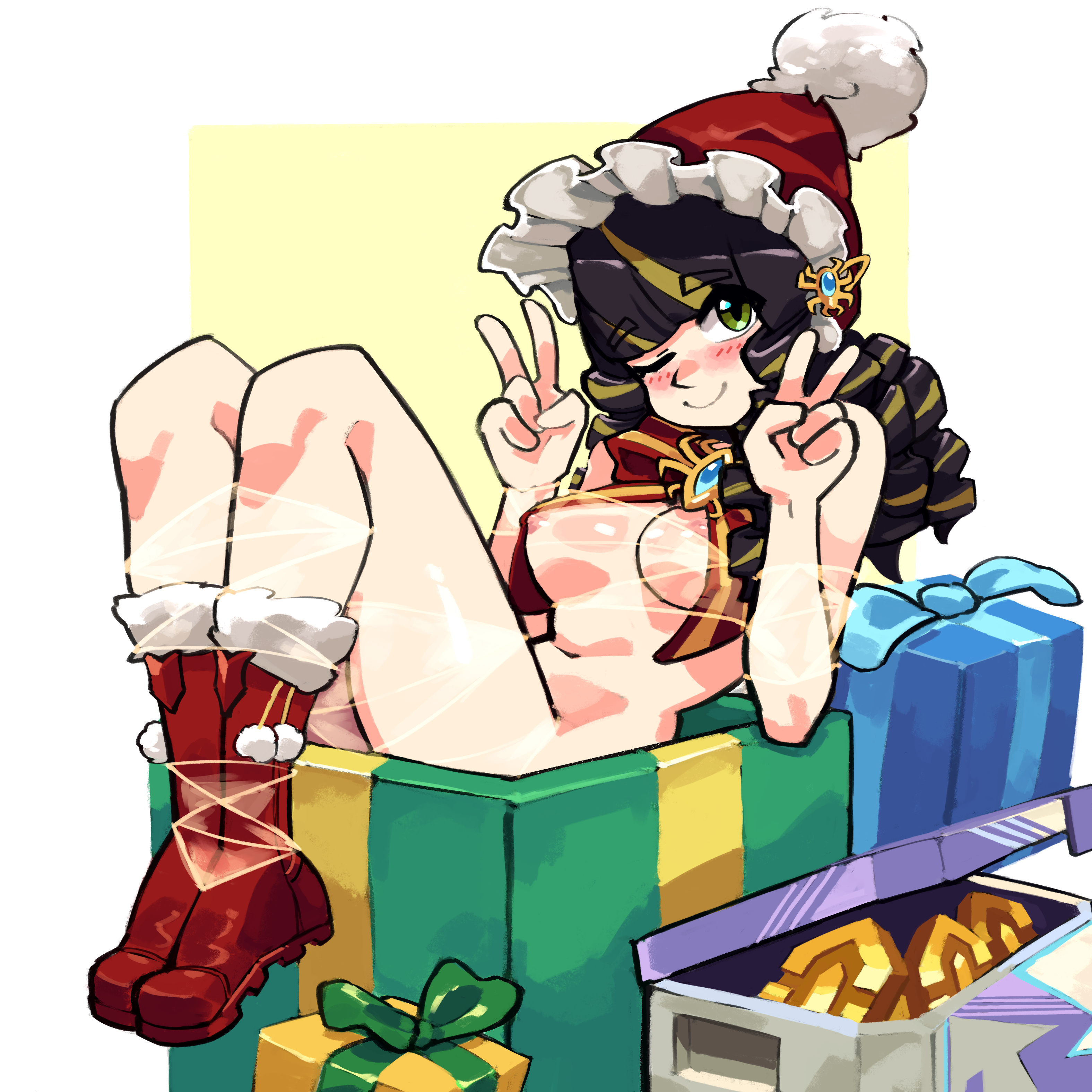 2d, christmas, christmas outfit, lu blu, marvel, marvel rivals, peni parker, peni parker (marvel rivals), posing for the viewer, topless