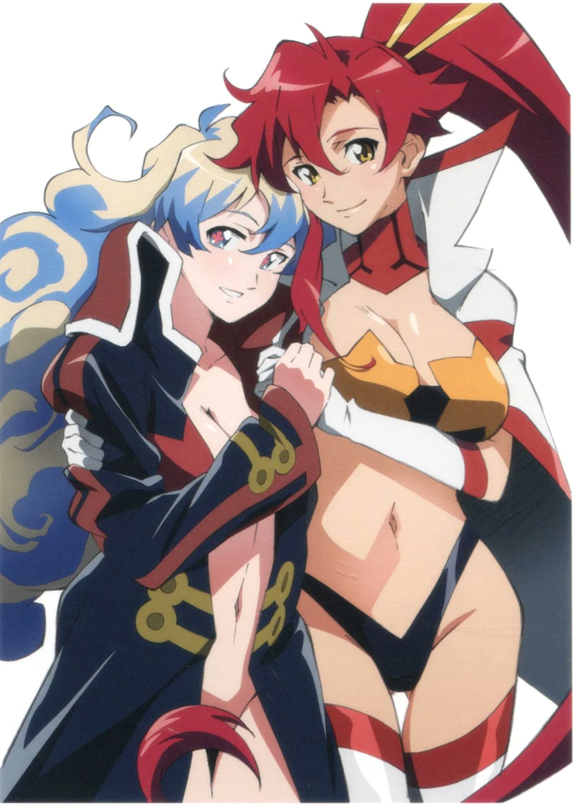 00s, 2girls, bandeau, breasts, choker, cleavage, coat, holding hands, jacket, large breasts, midriff, multicolored hair, multiple girls, navel, nia teppelin, non-web source, official art, open clothes, open jacket, red hair, scan, smile, space yoko, tengen toppa gurren lagann, trench coat, two-tone hair, yellow eyes, yoko littner