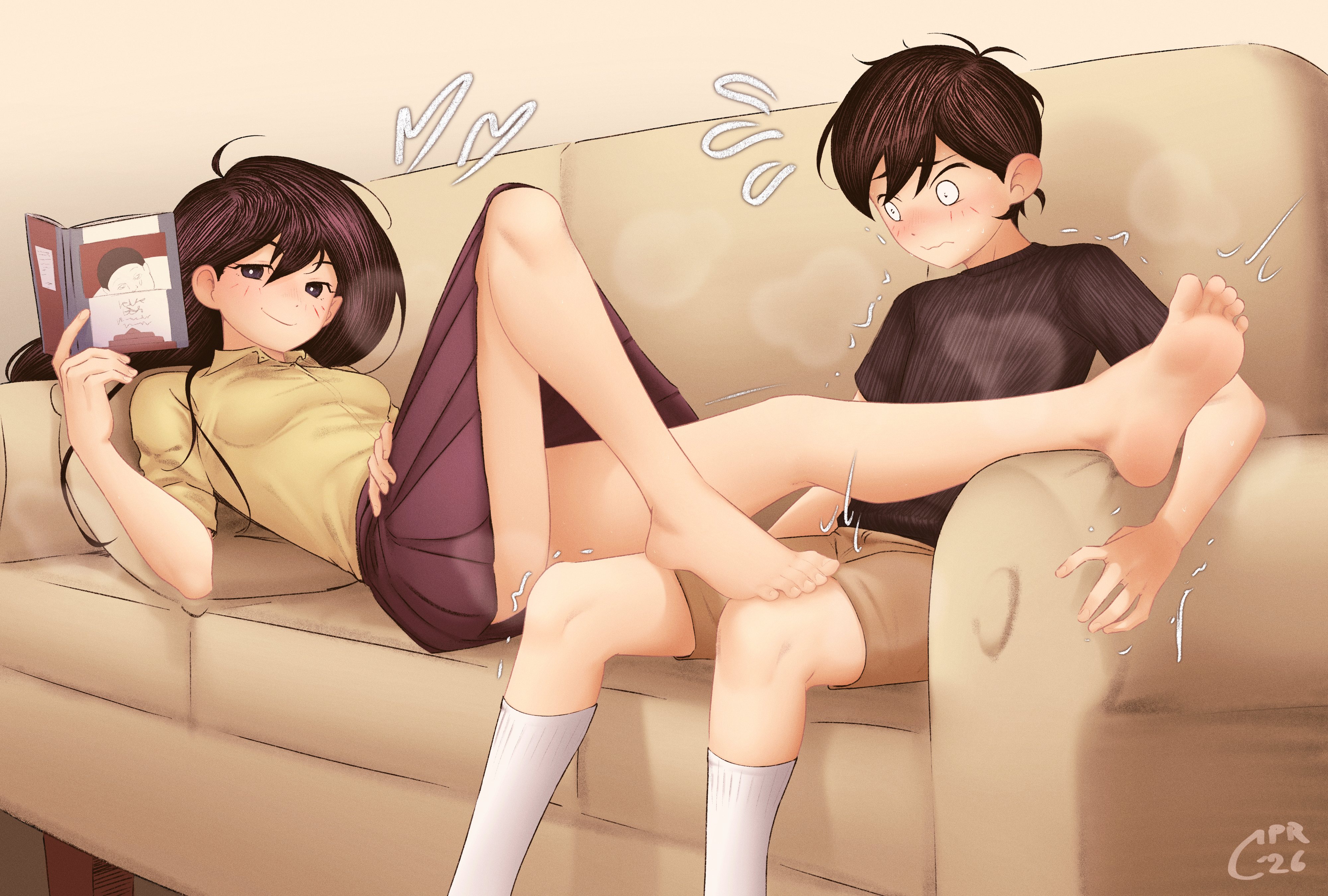 1boy1girl, blush, brother and sister, cabronpr, couch, feet, feet focus, feet on lap, fully clothed, laying on couch, mari (omori), nervous, omori, reading, skirt, smug face, sunny (omori), teasing, upskirt