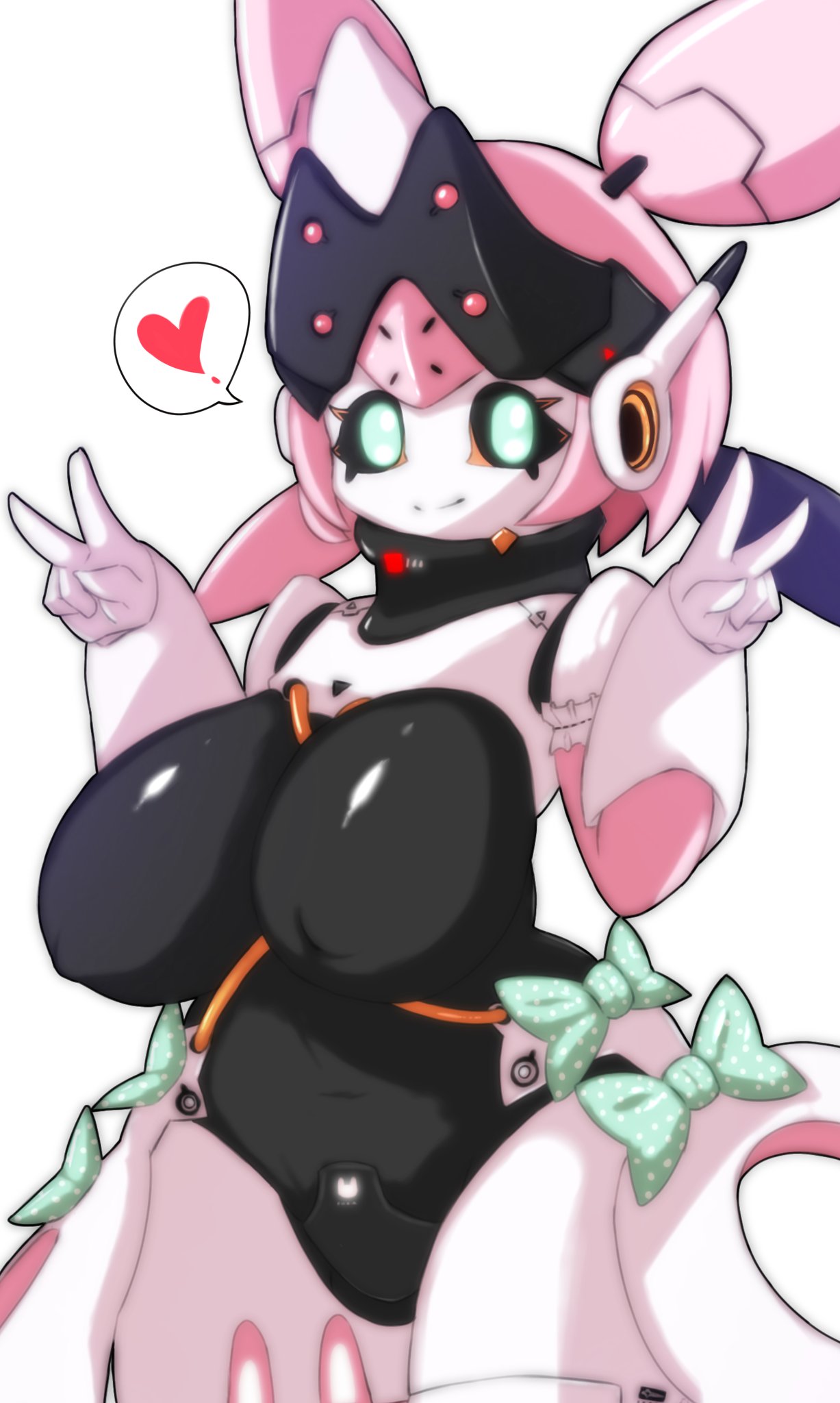 1girls, angels of delusion, aria (zenless zone zero), aria (zenless zone zero) (robot form), ass visible through thighs, big breasts, curvy, double v, highres, hudie jun, huge ass, large breasts, robot, robot girl, simple background, spoken heart, thick thighs, twintails, voluptuous, white background, wide hips, zenless zone zero