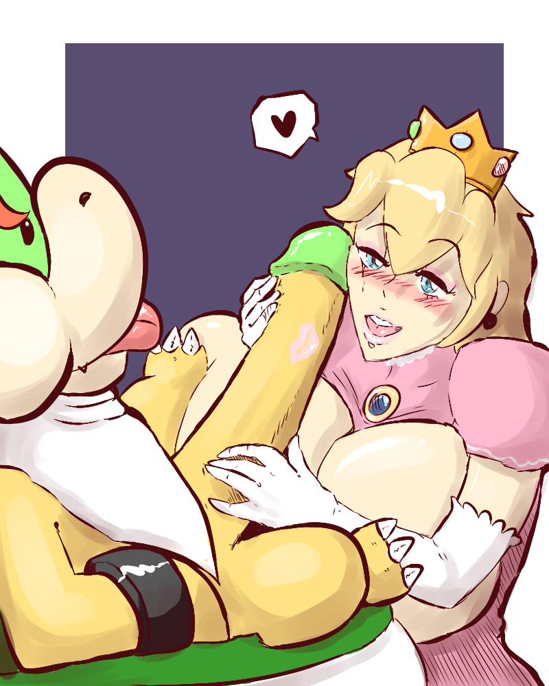 1boy 1girls age_difference anthro big_breasts big_penis bowser_jr. breasts duo elbow_gloves erection female gloves heart huge_breasts huge_cock human human_on_anthro humanoid_penis interspecies kiss_mark koopa koopa_clown_car male mammal mario_(series) nintendo penis princess_peach scalie shishikasama smile straight video_games