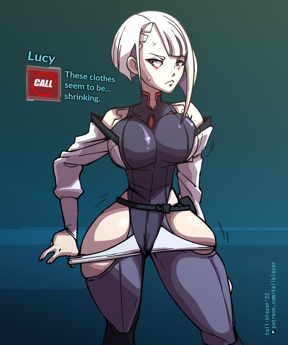 1girls, athletic, athletic female, curvaceous, curvaceous female, curvy, curvy body, curvy female, curvy hips, cyberpunk, cyberpunk 2077, cyberpunk: edgerunners, expansion, fat thighs, female, fully clothed, growth, lucyna kushinada, motion lines, overflowing thighs, round breasts, short hair, tail-blazer, thick hips, thick legs, thick thighs, tight clothing, white hair, wide hips, wide thighs, worried, worried expression