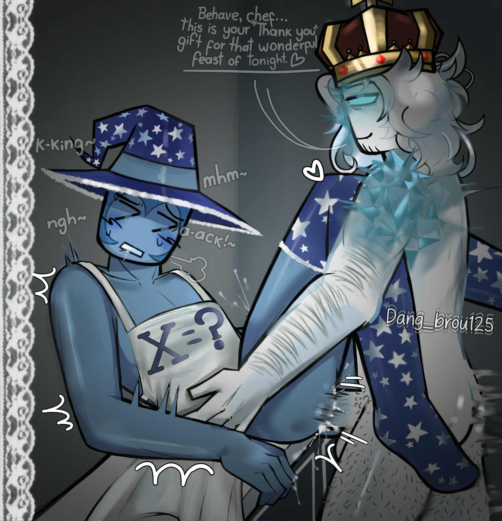 2boys, anal, anal sex, apron, apron only, block tales, blue skin, blush, body hair, crown, cruel king (block tales), cum, dialogue, domination, gasping, gay, glowing eyes, holding waist, ice, kitchen, kitchen counter, kitchen wizard (block tales), male only, original artwork, self upload, socks, trembling, white skin, wizard hat, yaoi