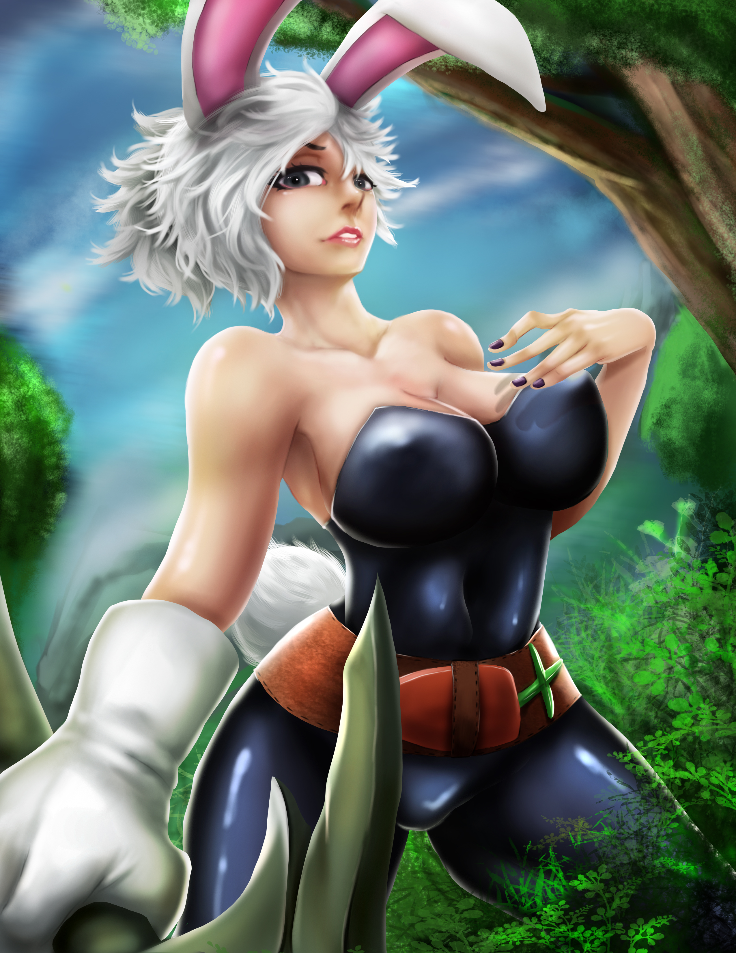1girls, animal costume, animal ears, bare shoulders, battle bunny riven, belt, black eyes, breasts, bunny costume, bunny ears, bunny girl, bunnysuit, cleavage, costume, covered breasts, female, female only, high resolution, large breasts, league of legends, nail polish, paws, reagan long, riven, short hair, silver hair, solo, the grind series, very high resolution, white hair