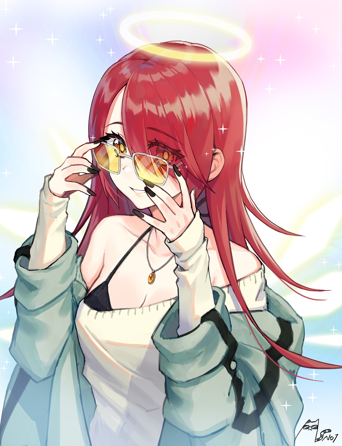 1girls, adjusting eyewear, adjusting glasses, alternate costume, alternate hair length, alternate hairstyle, arknights, bangs, bare shoulders, black bra, black nails, bra, breasts, brown eyes, casual, cleavage, commentary request, exusiai (arknights), eyebrows visible through hair, eyes visible through hair, female, female focus, female only, grey jacket, grey sweater, grin, hair over one eye, halo, hands up, highres, jacket, jewelry, long hair, long sleeves, looking at viewer, looking over eyewear, looking over glasses, nail polish, noixen, off shoulder, off-shoulder sweater, open clothes, open jacket, pendant, red hair, sleeves past wrists, smile, solo, sparkle, sunglasses, sweater, tinted eyewear, underwear, upper body, yellow-tinted eyewear