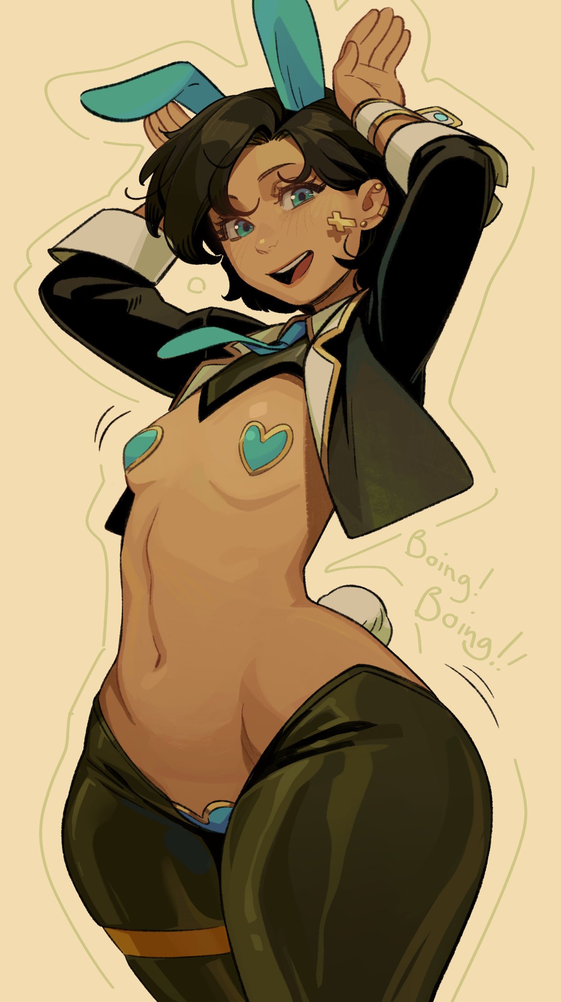 1girls, black hair, blue eyes, bottom heavy, bunny ears, bunny girl, bunny pose, bunny tail, bunnysuit, color, commission, ear piercing, female, female focus, female only, flat chest, gupens, heart pasties, looking at viewer, nipple pasties, open mouth, open mouth smile, original, original character, pasties, piercing, pose, pussy pasty, reverse bunnysuit, small breasts, smile, smiling, smiling at viewer, soledad (rolyad), tan body, thick thighs, twitter link