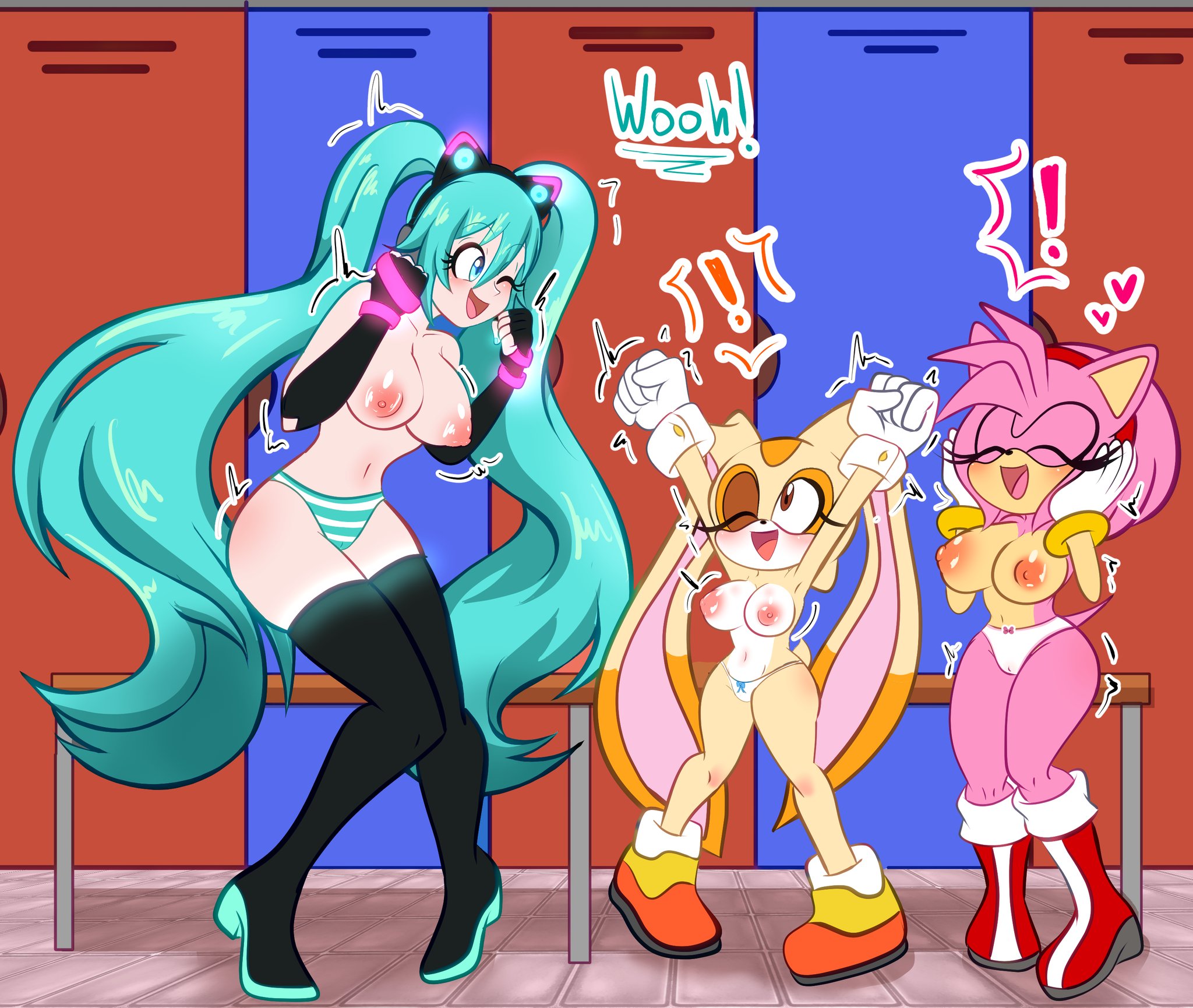 :d, !, !!, 3girls, accessory, age difference, amy rose, animal ear hairband, animal ears, anthro, aqua eyes, aqua hair, areola, arms up, armwear, bench, black gloves, black hairband, black thighhighs, blue bow, blue eyes, blue hair, blue text, blush, boots, bottomwear, bow, bow panties, bracelet, breast size difference, breasts, bunny ears, bunny girl, bunny tail, camel toe, cameltoe, clenched hand, closed eyes, clothed, clothing, cream the rabbit, crossover, demichan, detached sleeves, dipstick ears, elbow gloves, english, english dialogue, english text, eulipotyphlan, exclamation point, fake animal ears, female, female only, fingerless gloves, footwear, full body, furry, furry female, furry with non-furry, gloves, glowing, group, hair accessory, hairband, hand on face, handwear, happy, happy female, hatsune miku, headphones, heart, heart symbol, hedgehog, hedgehog girl, human, indoors, jewelry, knees together feet apart, lagomorph, large breasts, legwear, leporid, light skin, light-skinned female, locker room, long hair, mammal, medium breasts, multiple girls, navel, nipples, no bra, older female, older human, one eye closed, open mouth, open smile, orange body, orange fur, orange text, panties, pattern clothing, pattern panties, pattern underwear, pink bow, pink hair, pink tail, public topless, rabbit, rabbit ears, rabbit girl, rabbit tail, raised arm, raised arms, red boots, sega, shoes, short tail, smile, sonic (series), sonic the hedgehog (series), standing, striped, striped panties, stripes, symbol, tail, tan body, text, thigh boots, thighhighs, topless, topless anthro, topless female, trembling, trio, twintails, twintails (hairstyle), two tone body, underwear, very long hair, vocaloid, white gloves, white panties, white underwear