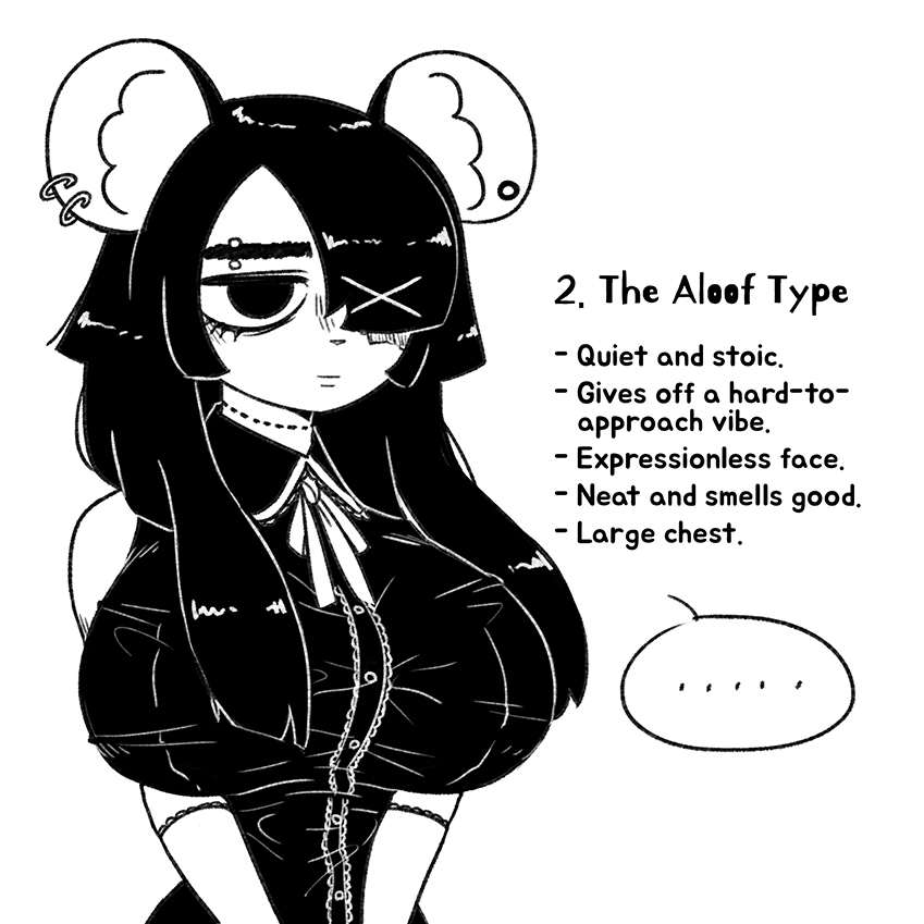 ....., 1girls, aloof, big breasts, black eyes, black hair, cho second, description, ear piercing, emotionless, emotionless female, english text, eyebrow piercing, female, female focus, female only, fully clothed, hands together, long hair, monochrome, mouse, mouse ears, mouse girl, neutral expression, one eye obstructed, original, original character, piercing, pixiv link, silent, text, twitter link, white background, white body