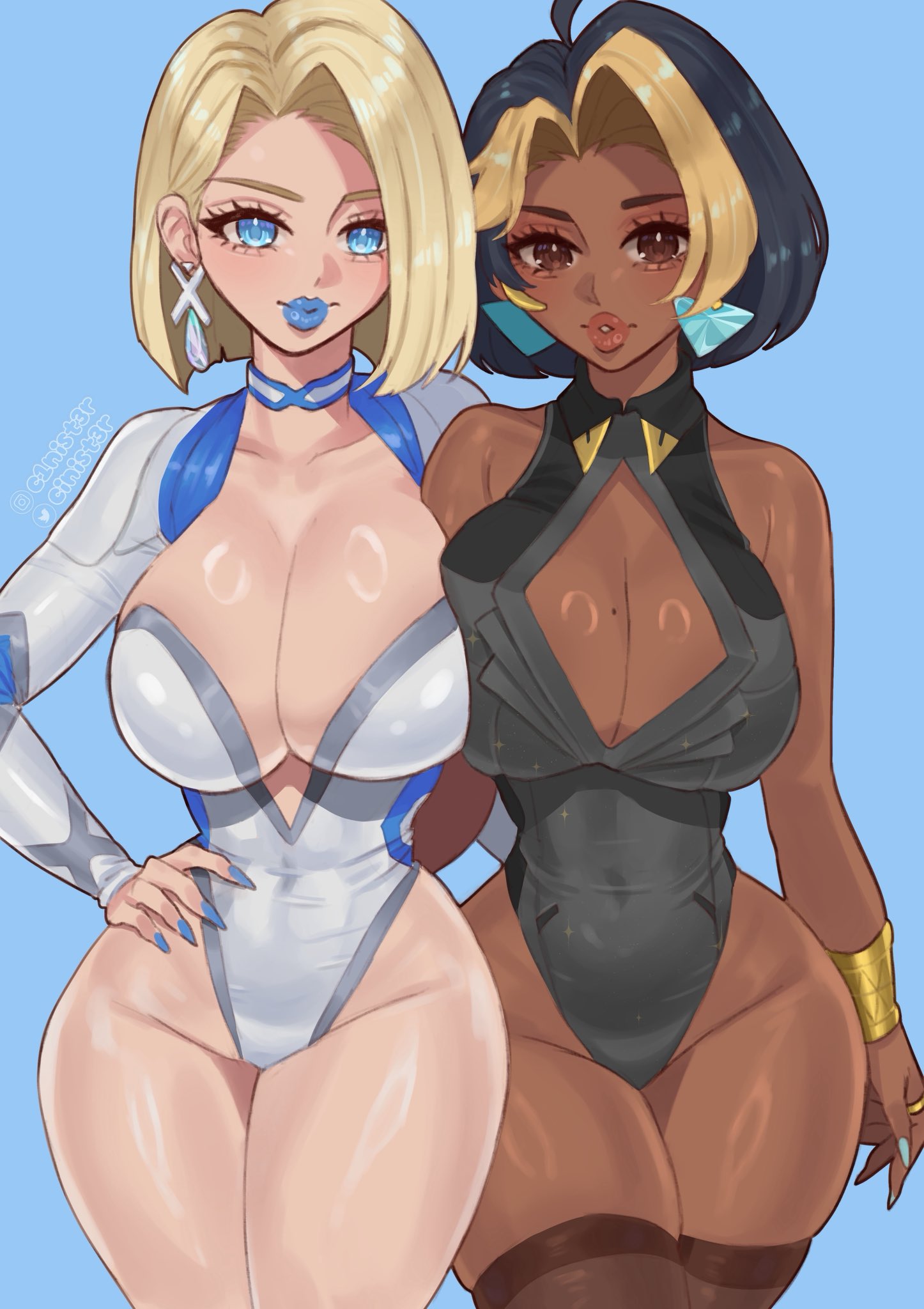 2d, 2girls, artist request, breasts, cinister, dark skin, dark-skinned female, domina, emma frost, emma frost (marvel rivals), female, female focus, female only, fully clothed, hi res, large breasts, light skin, light-skinned female, looking at viewer, marvel, marvel rivals, mature female, overwatch, thick thighs, thighhighs, thighs, wide hips