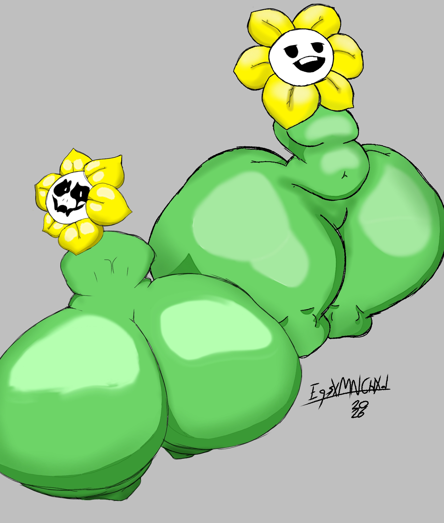 anthro, ass visible from the front, belly, belly button, big ass, big butt, featureless breasts, featureless crotch, flora fauna, flower, flowey, flowey the femboy, flowey the flower, flowey with a body, flowey with nothing else but a massive ass, green body, kneecaps, letraequis (artist), male, male only, monster, monster boy, moobs, plant, plant humanoid, plump ass, slightly chubby, smile, smirk, smug face, stare, thick ass, thick hips, toby fox, undertale, undertale (series), wide hips