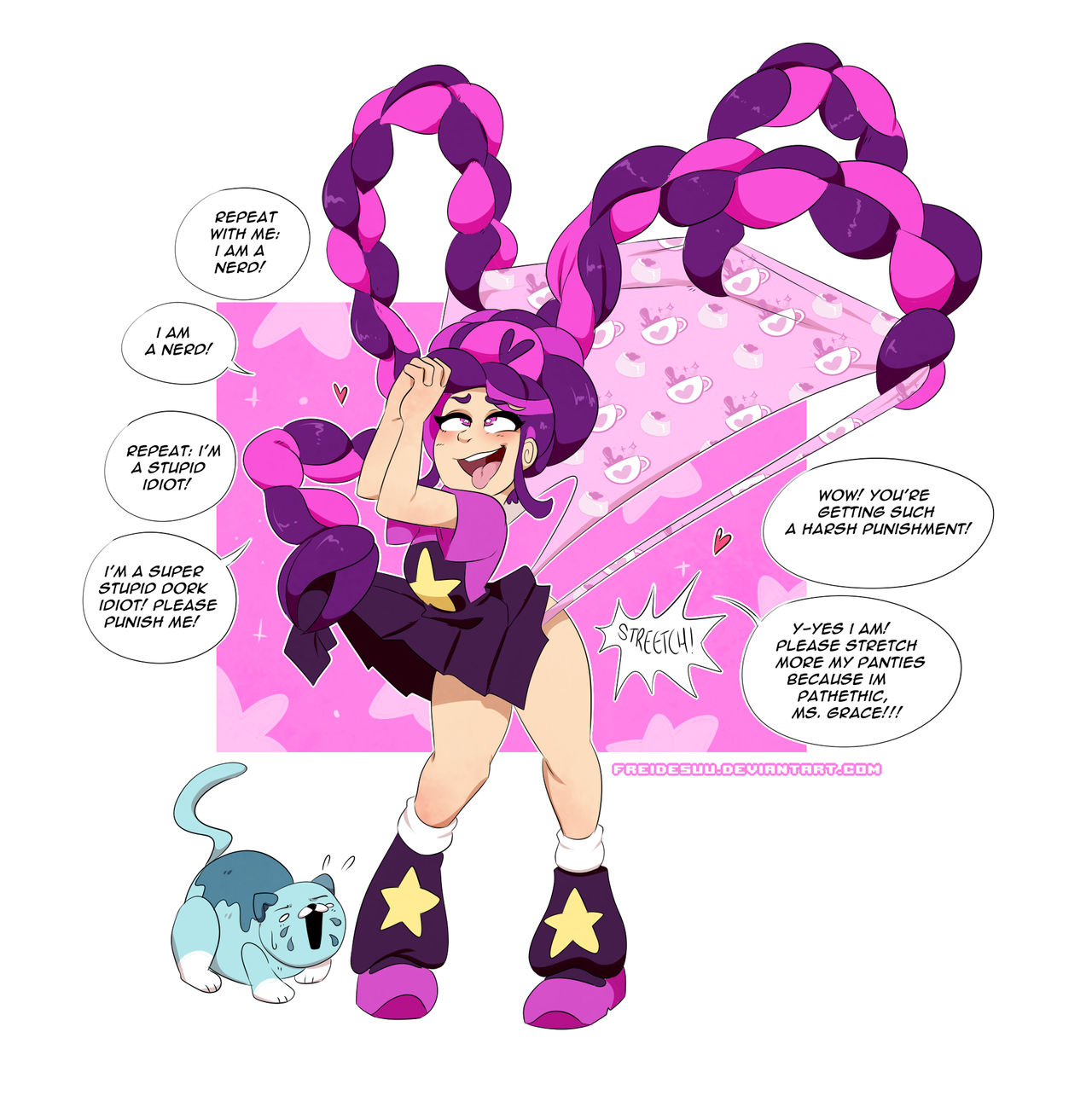 ahe gao, ahegao face, atomic wedgie, begging, begging for more, blue cat, blush, braided hair, braided ponytail, bullying, candy cat (poppy playtime), cat toy, childish panties, crossed eyes, embarrassing panties, eyes crossed, freidesuu, humiliation, hypnosis, lily lovebraids, long hair, mob entertainment, mob games, name calling, offscreen character, offscreen female, panties, panty pull, pink hair, pink panties, pink shirt, poppy playtime, poppy playtime (chapter 5), purple hair, purple overalls, purple skirt, self humiliation, self wedgie, simple background, star clothing, stretchy fabric, tongue out, toy, wedgie, white background