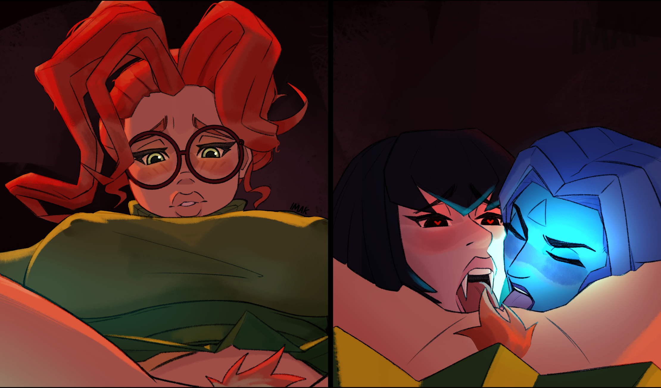 2025, 3girls, big breasts, black hair, blue hair, blush, bob cut, bottomless, breasts, closed eyes, collaborative cunnilingus, cunnilingus, deadlock, defnotimak, female, female only, ghost, ghost girl, glasses, green clothing, green eyes, hairy, hairy pussy, heart-shaped pupils, hi res, licking, licking pussy, looking down, mina (deadlock), mina ha, multiple girls, orange hair, paige (deadlock), pubic hair, see-through, see-through clothing, short hair, vampire, vampire girl, vindicta (deadlock), yuri