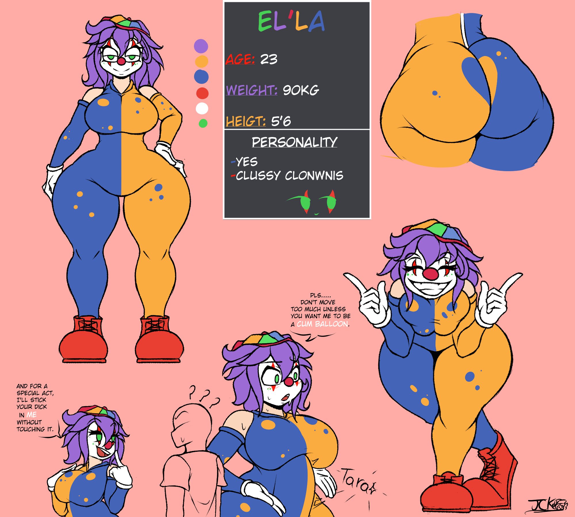 arm sleeves, bodysuit, boobs, breasts, clothing, clown, clown costume, clown makeup, clown nose, clown paint, el’la (jacknova093), elbow gloves, fat ass, gloves, green eyes, intersex, jacknova093, purple hair, simple background, sketch