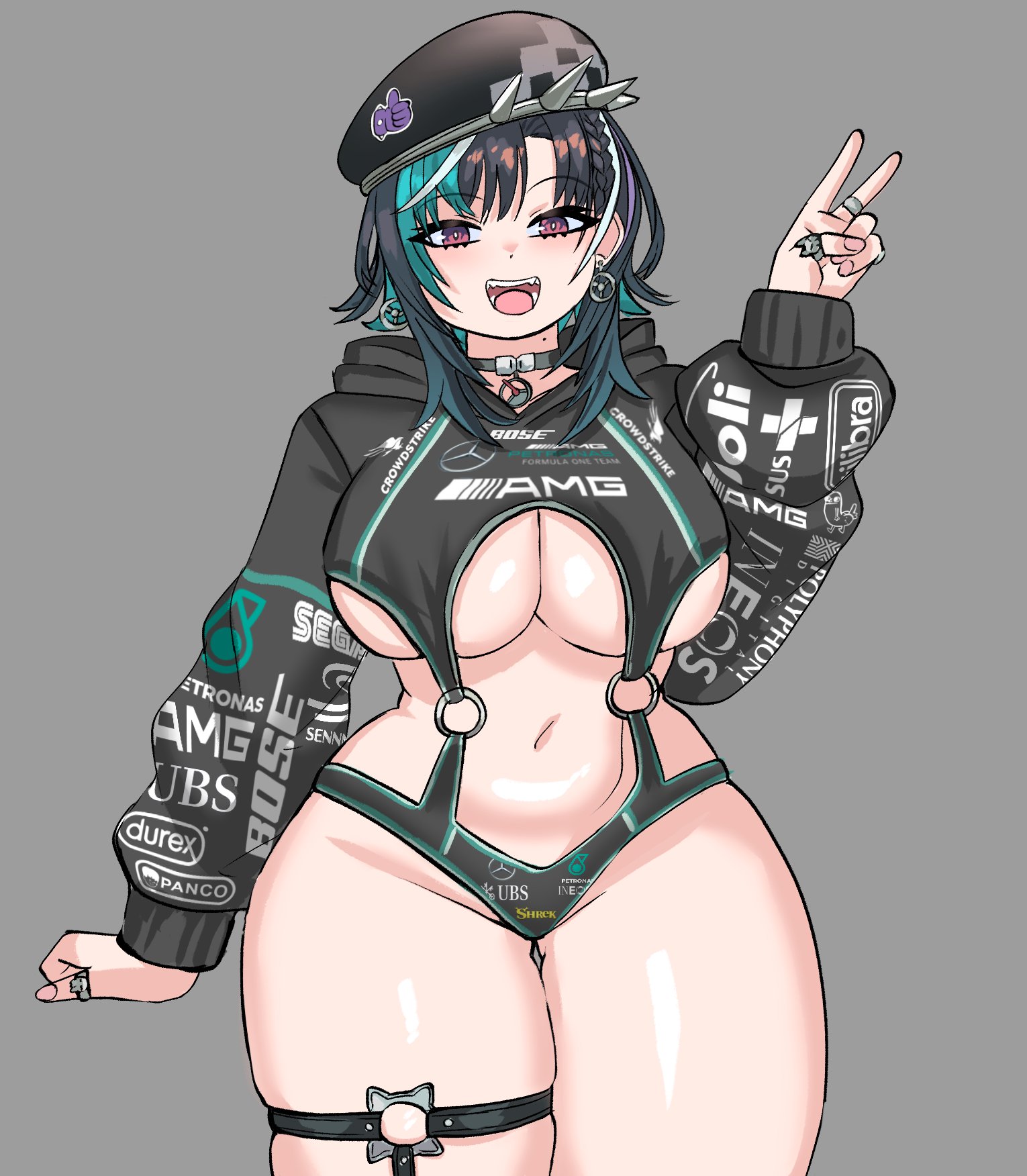 beret, blush, curvy, hololive, hololive dev is, hololive flow glow, hood down, hoodie, huge breasts, huge thighs, long sleeves, open mouth, peagade, revealing clothes, rindo chihaya, smile, teeth, thick thighs, thigh strap, underboob, v, virtual youtuber, voluptuous, wide hips