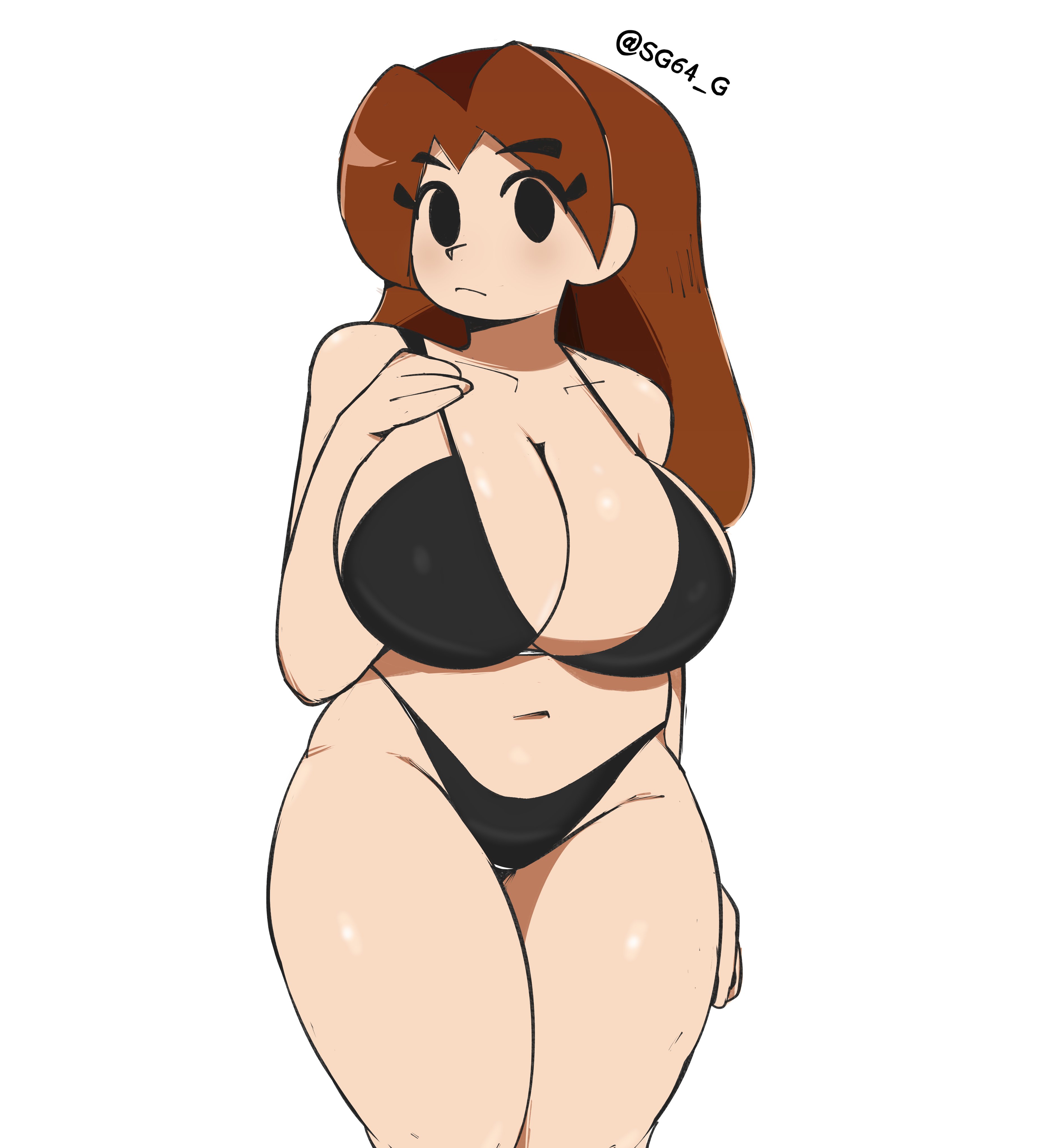 1girls, arm behind back, artist name, bikini, black bikini, black eyes, breasts, brown hair, cleavage, closed mouth, clothing, collarbone, cowboy shot, cropped legs, curvy, eyebrows visible through hair, feet out of frame, female, female only, groin, hand on own chest, highleg, highleg bikini, huge breasts, large breasts, legs together, light skin, light-skinned female, long hair, looking at viewer, mii, mii gunner, mii gunner (smash 4), mob face, navel, nintendo, no nose, no pupils, parted bangs, sg64, simple background, solid eyes, solo, standing, super smash bros., swimsuit, thick thighs, thighs, twitter username, white background
