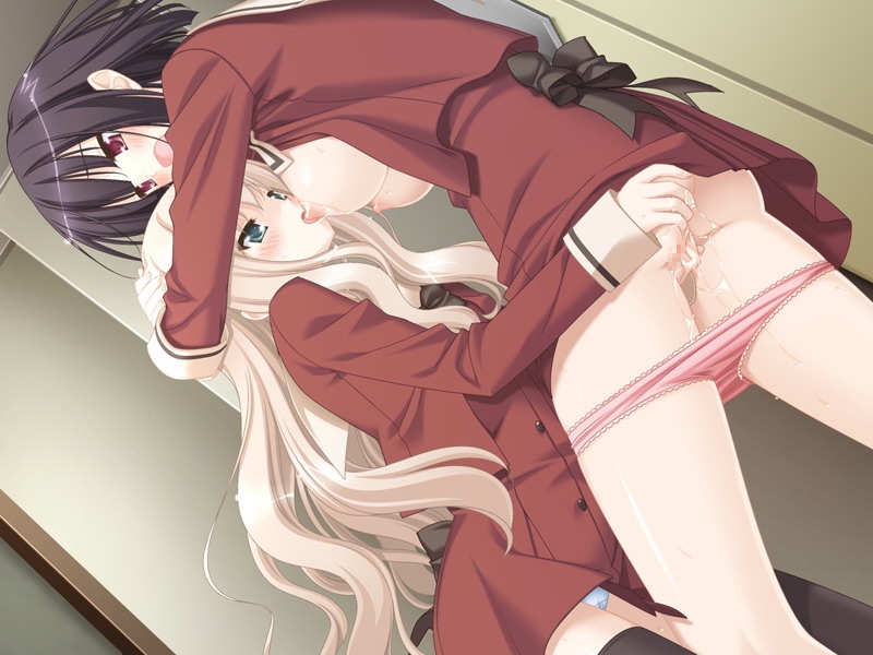 2girls black_hair blonde_hair blush breasts censored game_cg green_eyes kawamura_reo long_hair moaning multiple_girls nipples official_art peko pleasure purple_eyes sawaguchi_mai school_uniform short_hair skirt sono_hanabira_ni_kuchizuke_wo uniform yuri