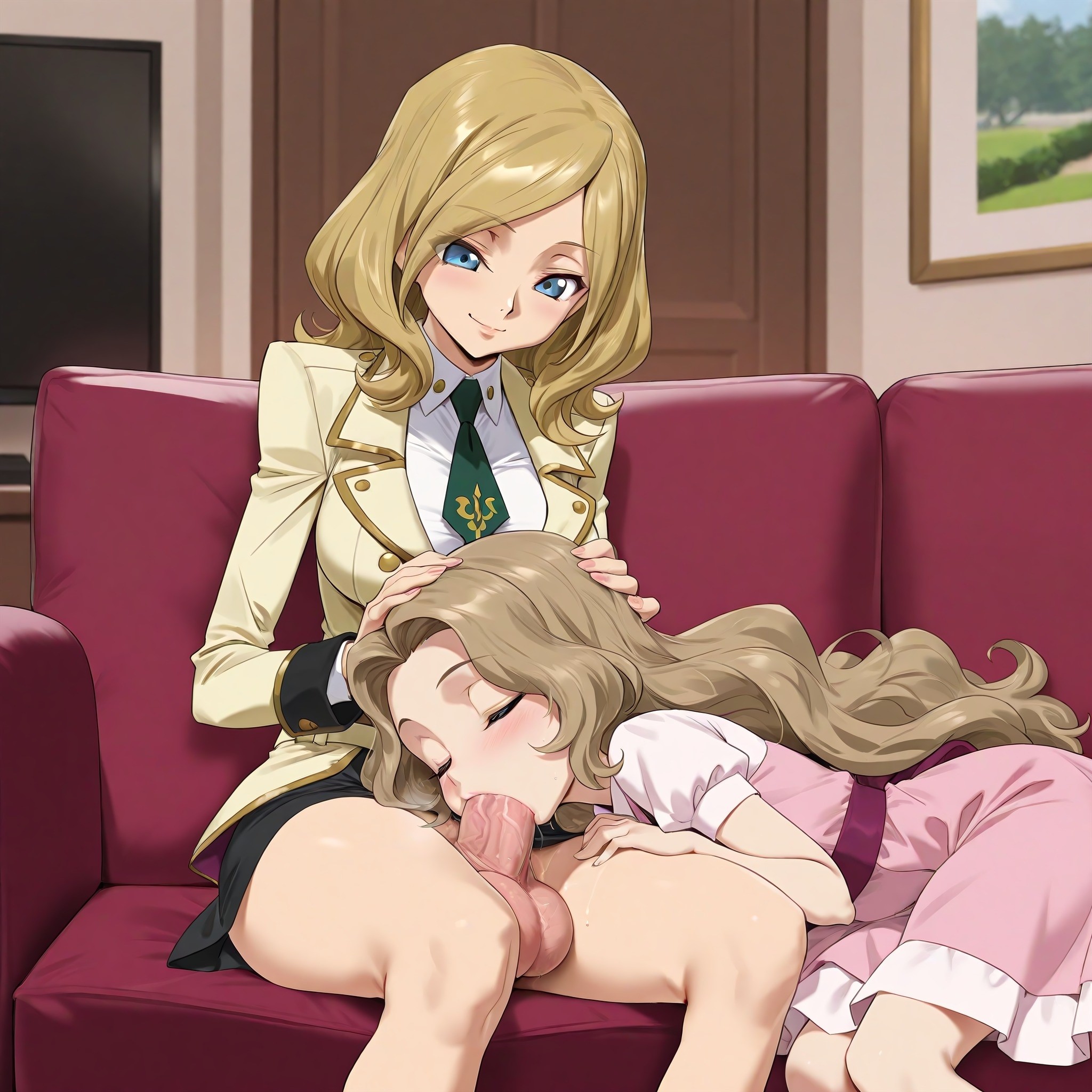 ai generated, balls, ballsack, big breasts, blonde hair, blue eyes, breasts, closed eyes, clothed, cock, code geass, deepthroat, dick, fellatio, female, futanari, holding head, light-skinned female, light-skinned futa, long hair, milly ashford, nameless gooner, nunnally lamperouge, penis, self upload, short hair, size difference, small breasts, smile, sucking penis, testicles, veiny penis