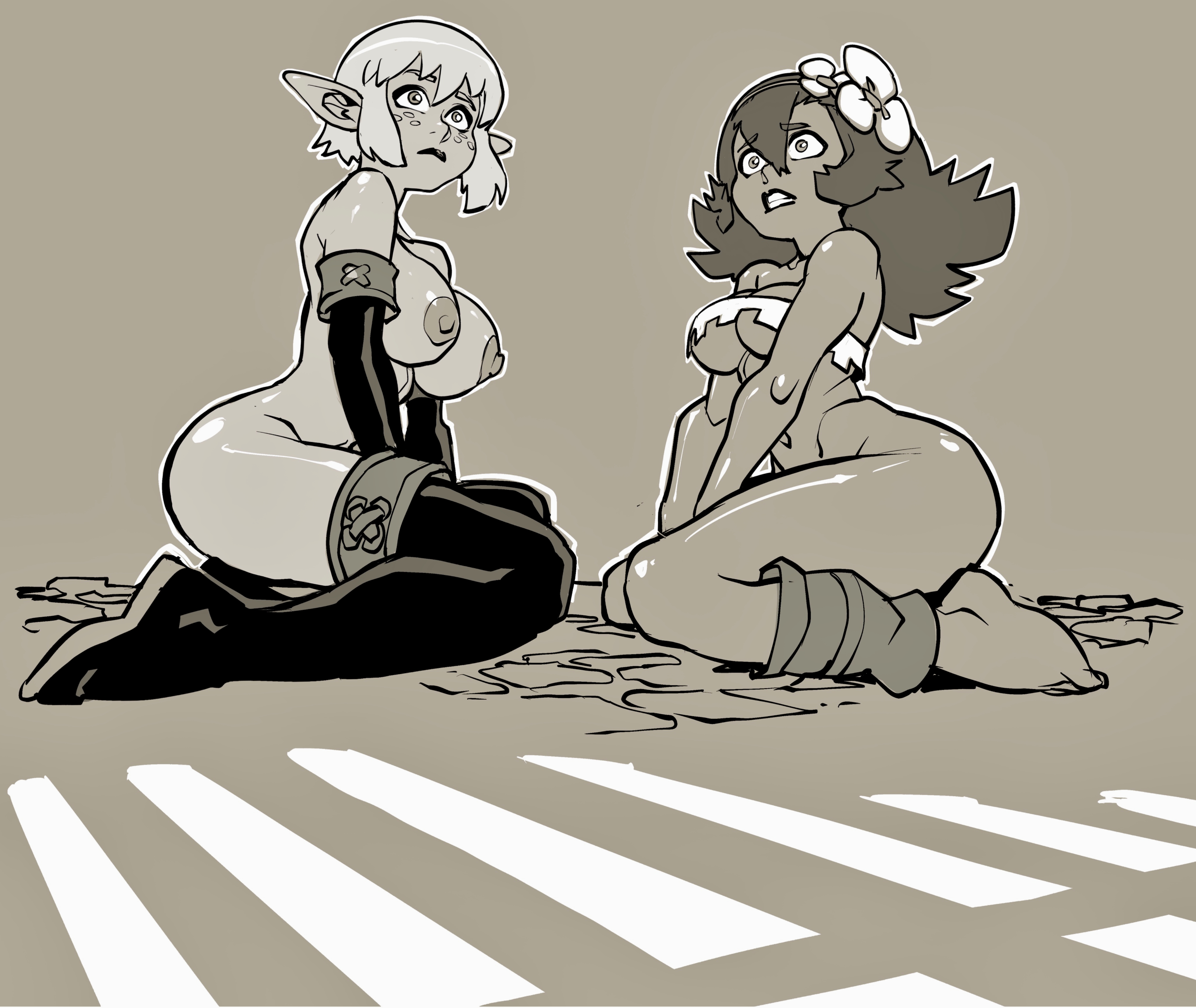 2girls, almost naked, almost nude, amalia, ankama, athletic, athletic female, big ass, big breasts, brown body, cage, cra, elf female, evangelyne, fearful expression, imminent rape, imminent sex, jjfrenchie, joel jurion, kneeling, light-skinned female, looking up, medium breasts, monochrome, nipples, princess amalia sheran sharm, resigned, resigned to fate, sadida, sexy pose, wakfu