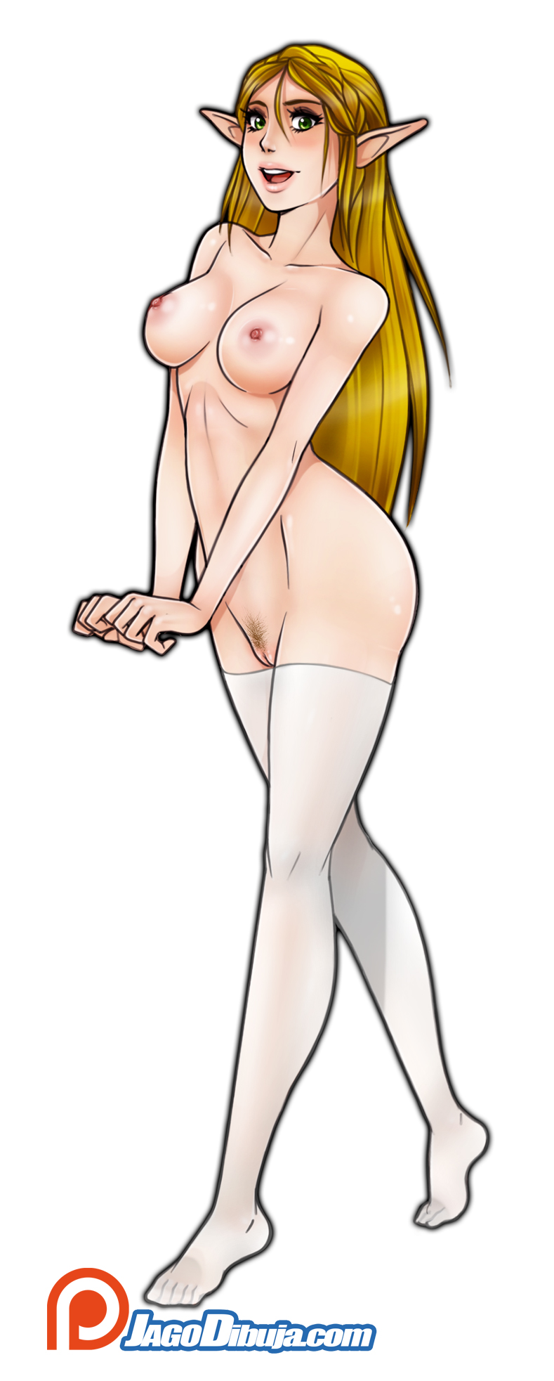 1girls, bare shoulders, belly, blonde, breasts, breath of the wild, cleavage, feet, female, female only, green eyes, high resolution, hips, jago dibuja, large breasts, legs, legwear, lips, long hair, navel, nintendo, open mouth, pointy ears, princess zelda, pussy, solo, stockings, teeth, the legend of zelda, thighhighs, thighs, toes, tongue, topless, vagina, zelda (breath of the wild)