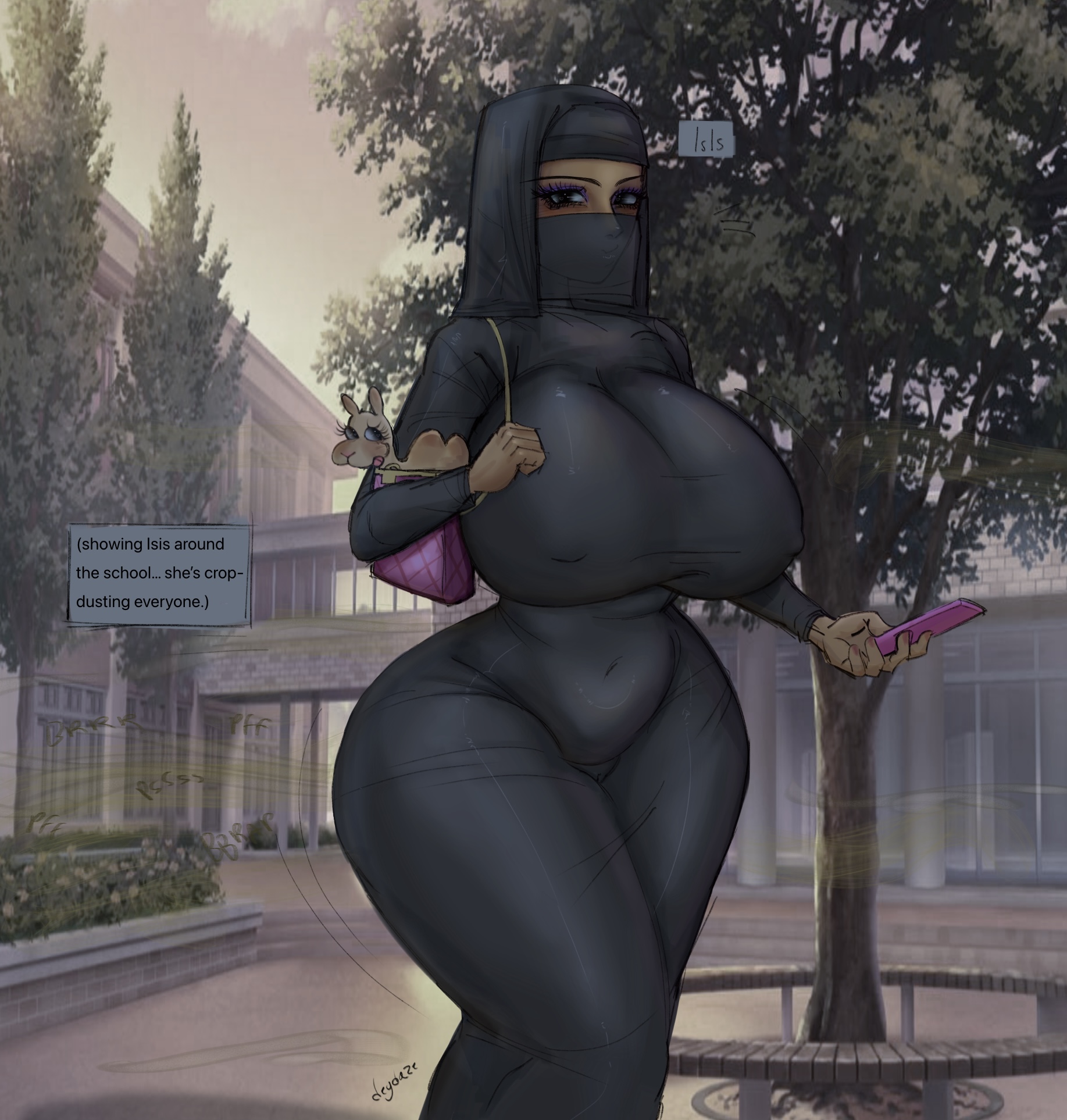 2026, black eyes, black eyes female, bouncing ass, bouncing breasts, camel, cameltoe, color, colored, colored nails, colored skin, crop dusting, degdaze, ethnic, eyes visible, face covered, fart, fart cloud, fart everywhere, fart fetish, farting, farting at viewer, farts, fat ass, female, female focus, female only, feminine, giant breasts, gigantic ass, hij, hijab, hijabi, isis, large ass, large breasts, legends of chamberlain heights, lighting, line art, mask, movement lines, nijabi, nipple bulge, nipple outline, nipples, phone, phone in hand, public, purse, reference, religion, religious clothing, school, schoolgirl, shortstack, sketch, slim waist, stomach, stomach bulge, thick ass, thick hips, thick legs, thick lips, thick thighs, walking, wide hips, wide thighs
