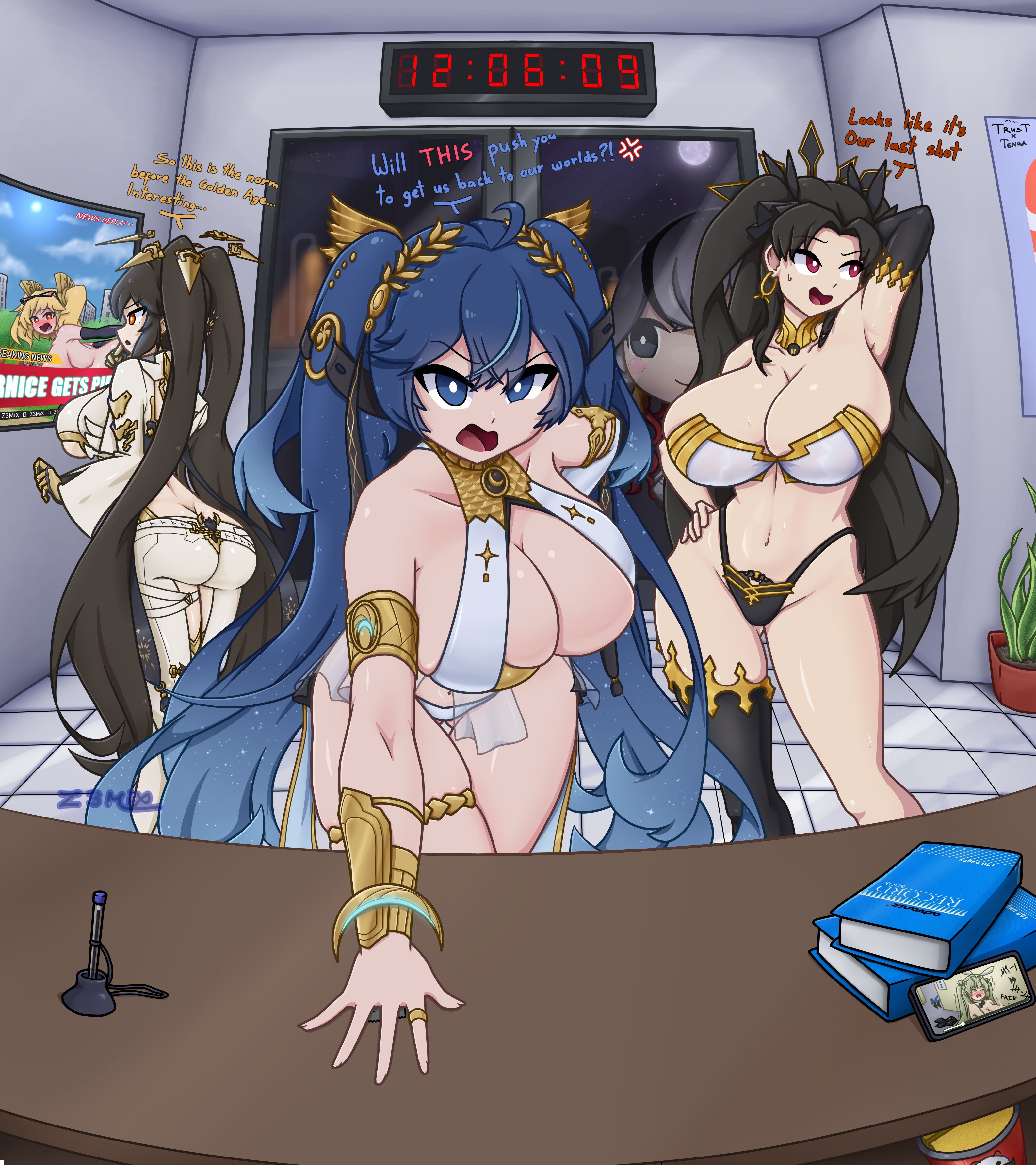 5girls, ass, breasts, bunny ears, bunnysuit, burnice white, camellya (wuthering waves), crossover, fate (series), fate/grand order, gigantic breasts, goddess of victory: nikke, implied sex, ishtar (fate), iuno (wuthering waves), looking at television, looking at tv, lucia (punishing: gray raven), multiple girls, punishing: gray raven, soda (nikke), soda (twinkling bunny) (nikke), text, tv, tv screen, wuthering waves, z3mix, zenless zone zero