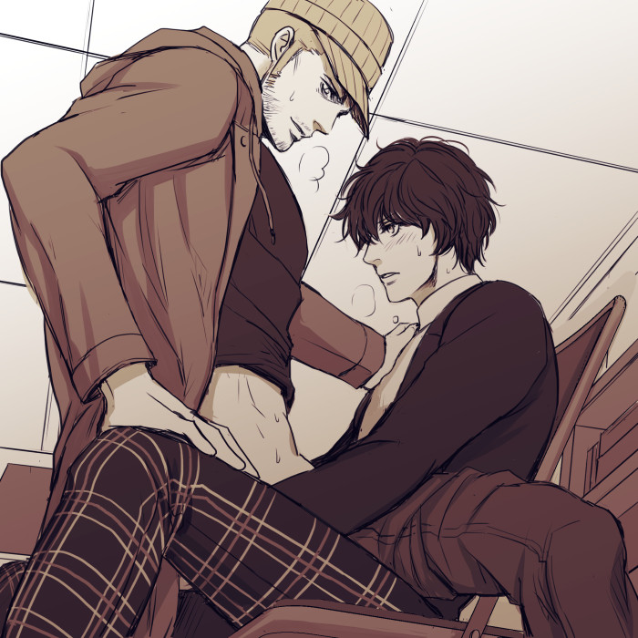 2boys, 2d, age difference, anal, atlus, bara, facial hair, gay, hat, iwai munehisa, light skin, male, male only, megami tensei, multiple boys, multiple males, muscles, persona, persona 5, ren amamiya, sex, sitting, sitting on person, size difference, steam, sweat, umekichi (pixiv2277761), yaoi