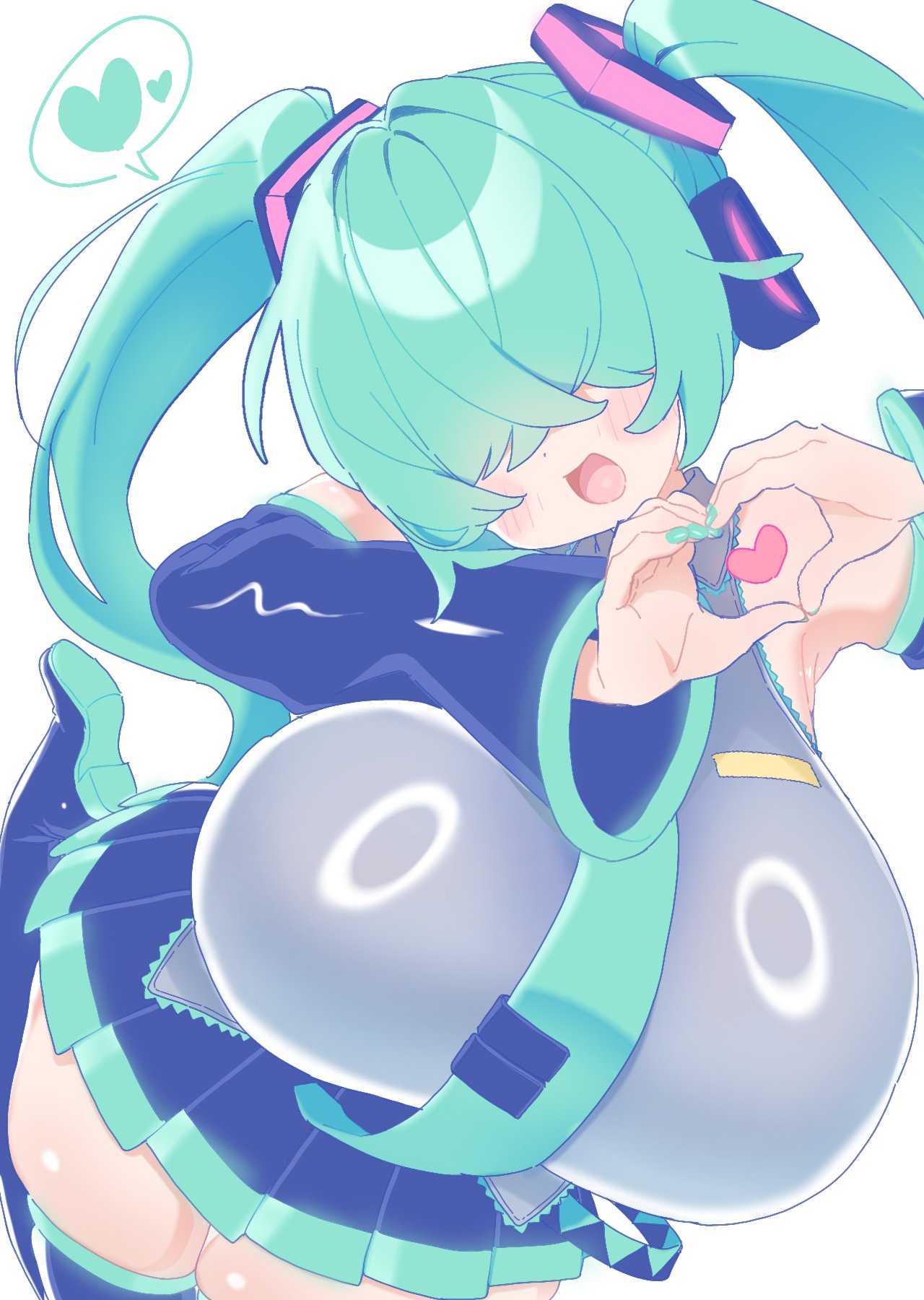 :d, 1girl, 1girls, aqua hair, bare shoulders, big breasts, blue hair, blue nails, blush, boots, breasts, breasts bigger than head, detached sleeves, female, female only, grey shirt, hair covering eyes, hair intakes, hair over eyes, hatsune miku, heart, heart hands, huge breasts, long hair, nail polish, necktie, open mouth, painted nails, pleated skirt, skindentation, skirt, smile, solo, spoken heart, tagme, tegurika kureme, thick thighs, thigh boots, thighhighs, tie, twintails, vocaloid, white background