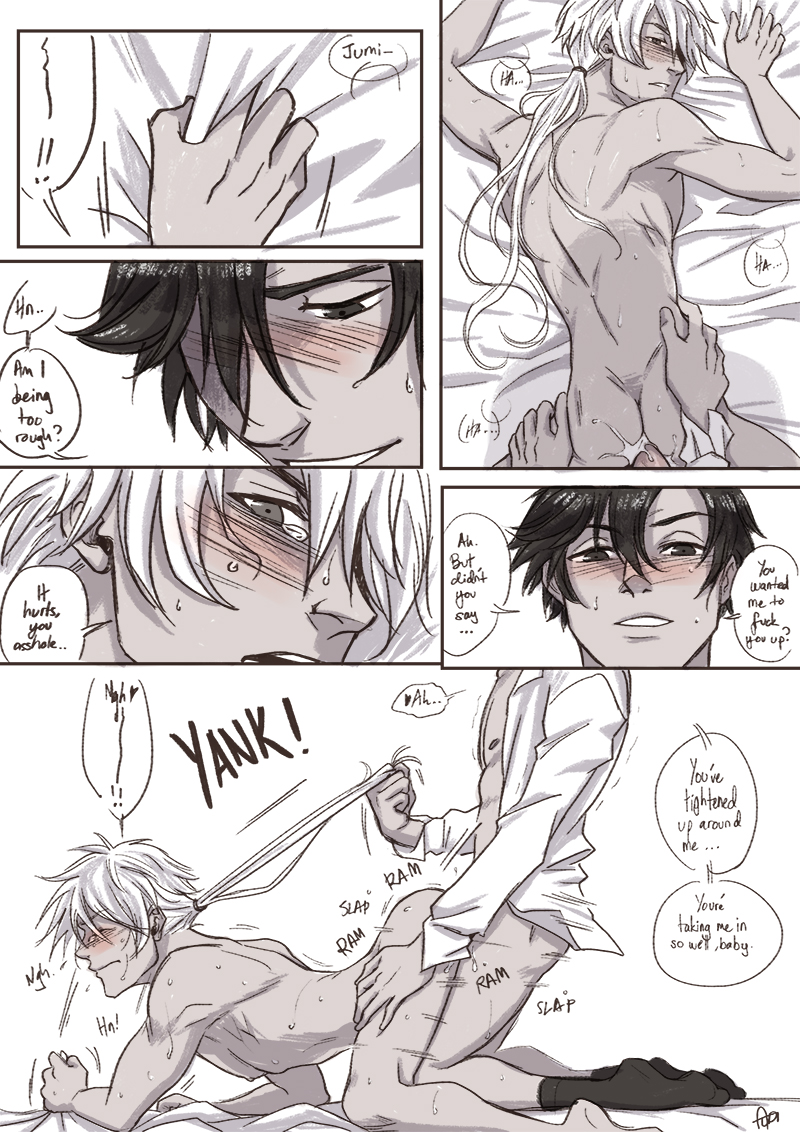 2boys anal blanket blush blushing comic doggy_style from_behind from_behind_position gay hyun_ryu jumin_han long_hair male/male moaning muscular muscular_male mystic_messenger nude_male penis pulling_hair rough rough_sex short_hair smile smiling sweat sweatdrop talking tearing_up tears text thrusting thrusting_into_ass white_hair yaoi zen_(mystic_messenger)