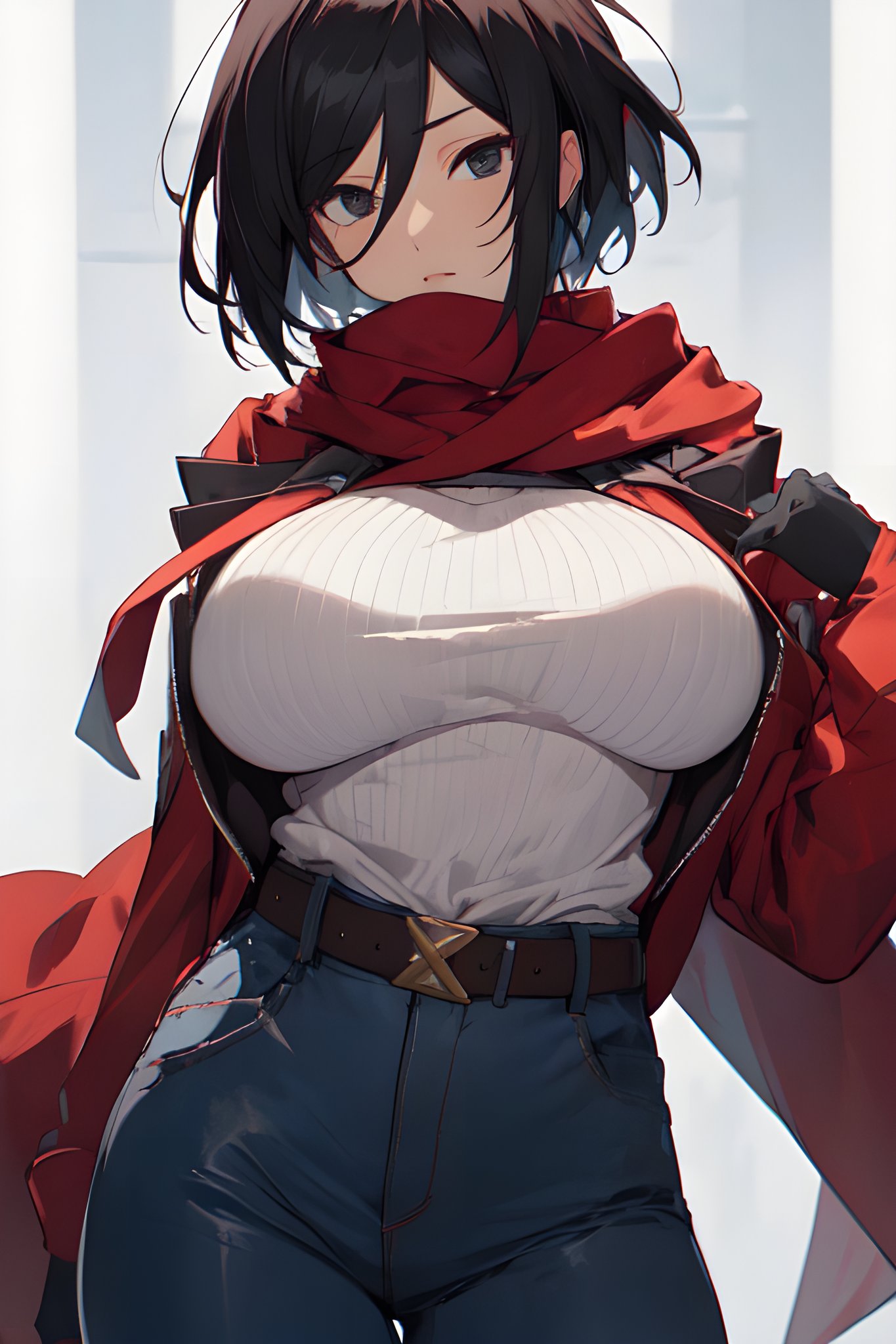 ai_generated attack_on_titan big_breasts jeans mikasa_ackerman red_scarf rin8608 shingeki_no_kyojin streetwear sweater unzipped_jacket