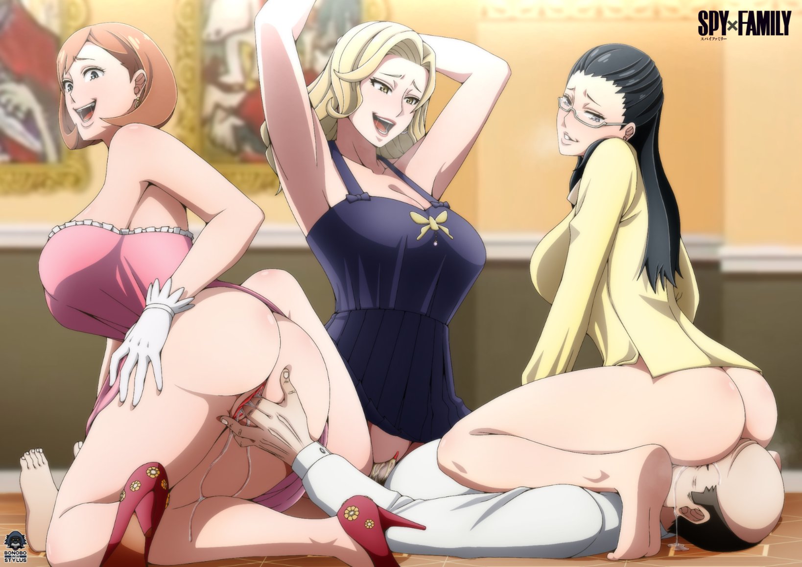 3girls, artist logo, artist name, artist signature, big ass, big breasts, big penis, blush, bonobo with a stylus, bonobo-kun (artist), boss and employee, bottomless male, bubble butt, camilla (spy x family), commission, cowgirl position, deep penetration, devouring pussy, double cowgirl position, dress, dripping pussy, enjoying, fat male, fingering partner, fingering pussy, fit female, formal clothes, foursome, gangbang, glasses, gloves, high heels, hips, millie (spy x family), mostly nude, older male, pleasure face, reverse gangbang, riding, riding penis, satisfied, sharon (spy x family), sitting on face, sitting on penis, skirt lift, smiling, spy x family, thick, uncensored, unseen male face, vaginal penetration, watermark, wet pussy