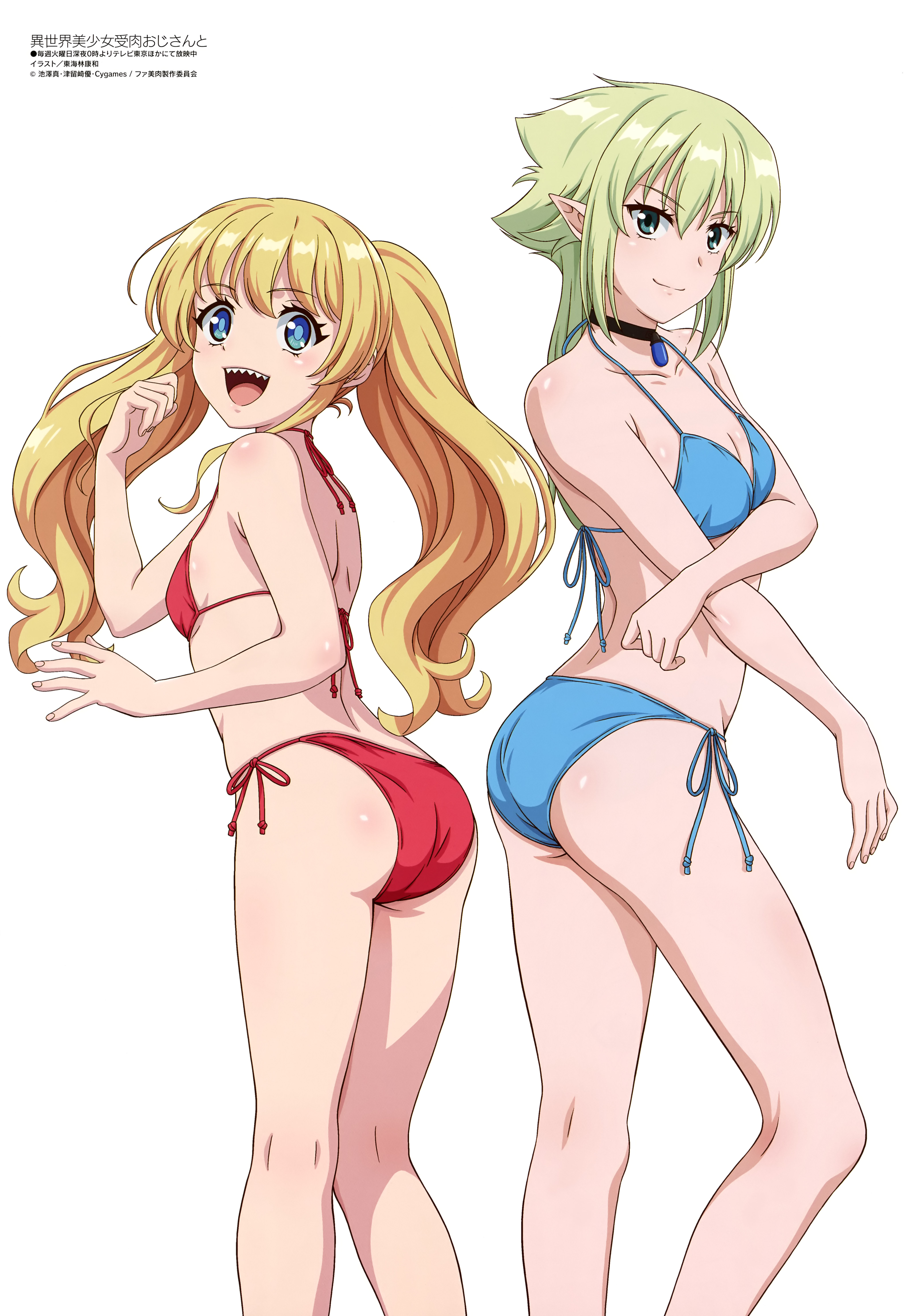 2girls, absurd res, absurdres, alternate hairstyle, ass, back-to-back, bikini, bikini bottom, bikini top, blonde hair, blue bikini, blue eyes, breasts, canon genderswap, choker, collarbone, elf, elf ears, elf female, elf girl, fantasy bishoujo juniku ojisan to, fingernails, flat chest, from behind, from side, gem, genderswap, genderswap (mtf), green eyes, green hair, hair between eyes, hi res, highres, human female, legs, long hair, looking at viewer, low ponytail, medium breasts, megami magazine, multiple girls, official, official art, open mouth, petite, pointy ears, ponytail, posing, red bikini, red eyes, rule 63, sharp teeth, short hair, shouji yasukazu, side-tie bikini bottom, small breasts, smile, swimsuit, swimwear, tachibana hinata (fabiniku), tachibana hinata (fantasy bishoujo), teeth, thighs, tilolilo lilili lou, twintails, white background