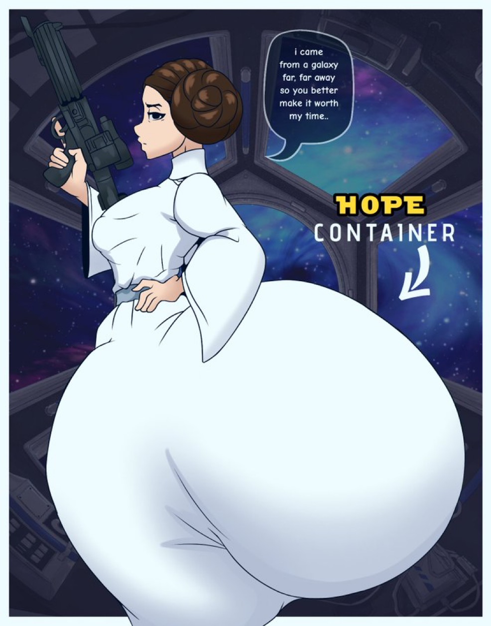 1girl, 1girls, 2020s, 2026, 2d, 2d (artwork), 2d art, 2d artwork, ass, ass in dress, big ass, black eyes, blaster (star wars), bottom heavy, brown hair, bubble butt, butt, butt in dress, dialogue, disney, dress, evil container, gigantic ass, hairbun, hairbuns, huge ass, hyper, hyper ass, hyper butt, lucasfilm, massive ass, meme reference, princess leia organa, small breasts, speech bubble, star wars, text, white dress, zoultan