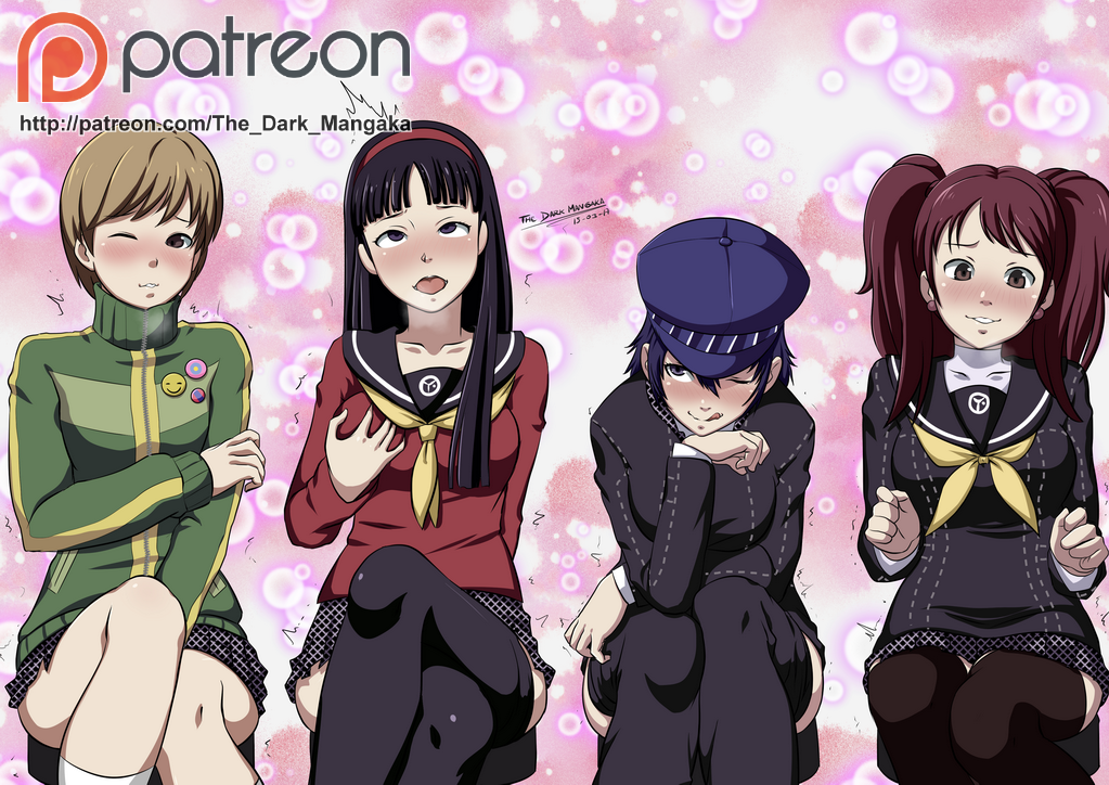 4girls amagi_yukiko big_breasts bike_shorts breast_grab breasts dildo dildo_sitting female fully_clothed groping_self hiding_dildo human investigation_team jacket kujikawa_rise masturbation multiple_girls outerwear pale_skin persona persona_4 satonaka_chie shirogane_naoto skirt sportswear the_dark_mangaka tights tomboy topwear track_jacket wink