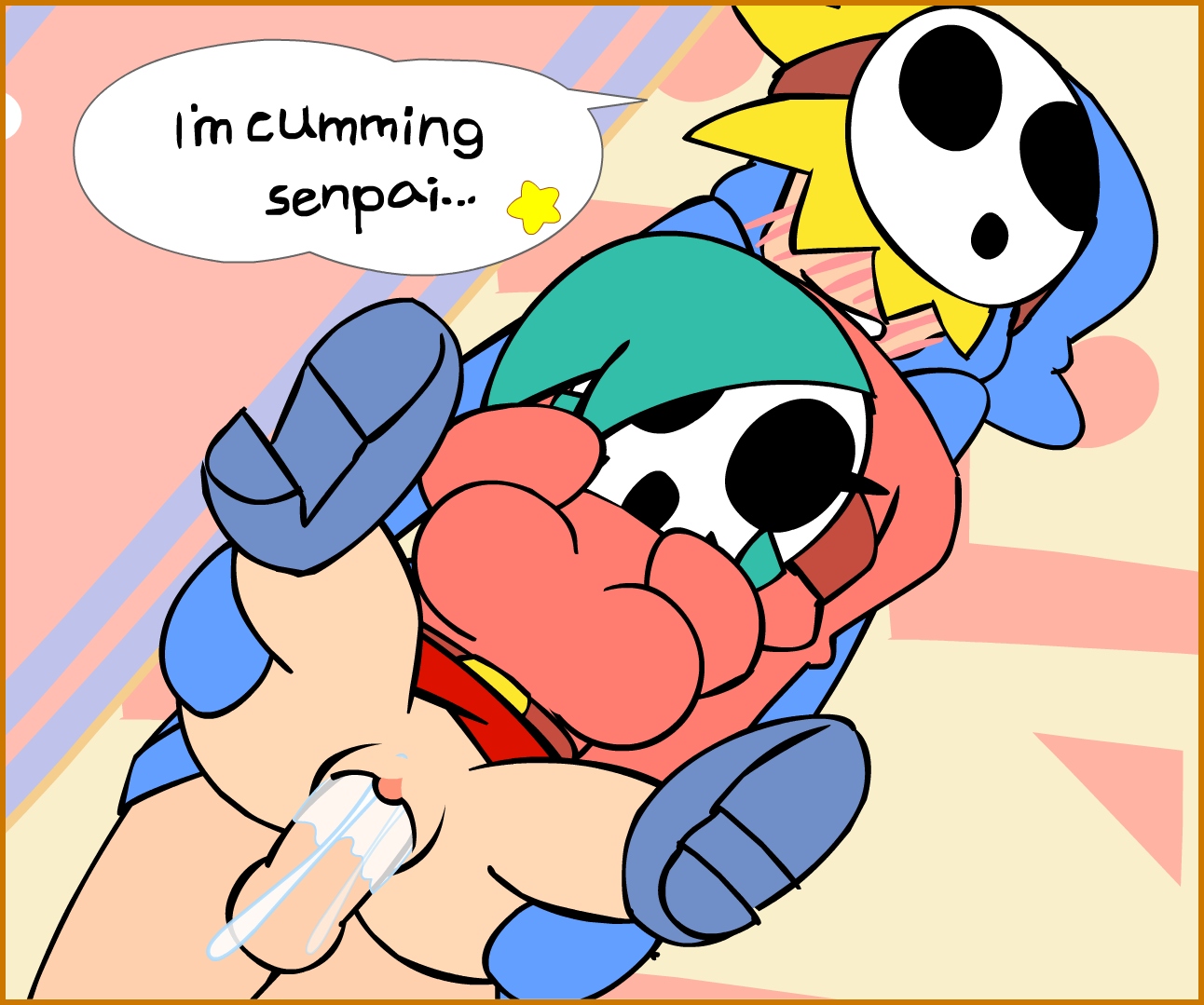 1boy, 1girls, blush, breasts, clothing, english text, female, femboy on female, height difference, male, mario (series), mask, minus8, nintendo, penis, pussy, rule 63, sex, shy gal, shy guy, speech bubble, standing, straight, super mario bros. 2, tagme, text, vaginal penetration