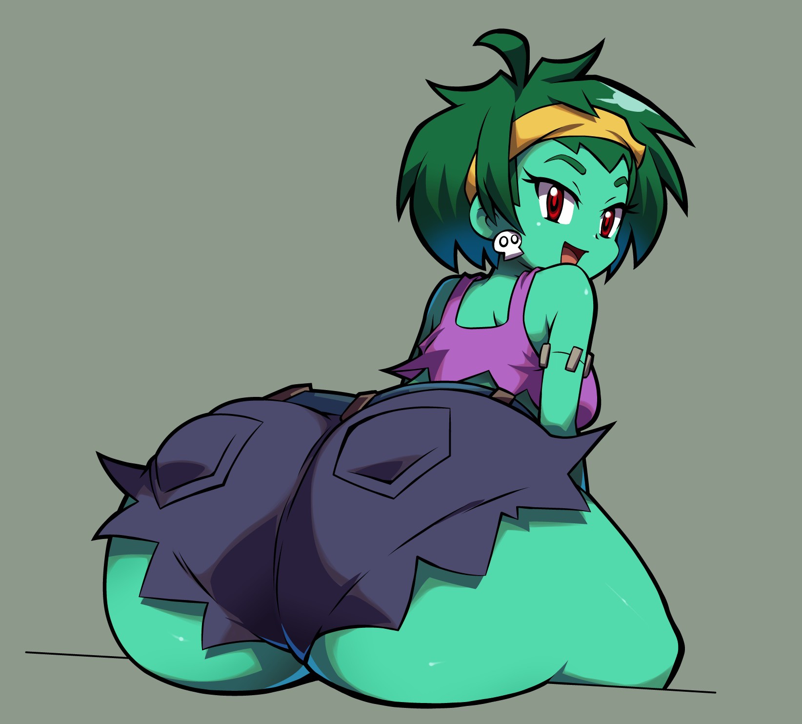 1girls, ass, ass focus, ass hanging out, ass hanging out of shorts, back view, big ass, booty shorts, crop top, jean shorts, looking at viewer, looking back, niyuyu, ripped clothing, rottytops, shantae, short shorts, shorts, simple background, solo, wayforward, zombie, zombie girl