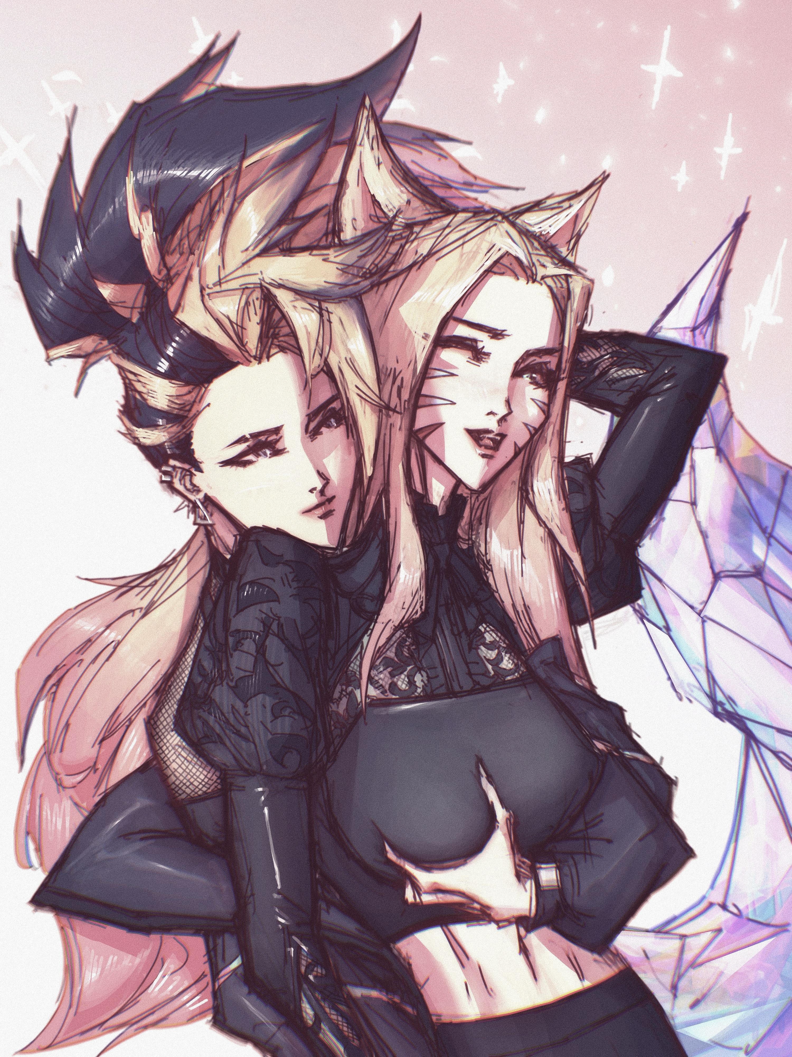 2girls, ahri, ahri (league of legends), akali, artist request, ass, blonde hair, child bearing hips, curvaceous, curvaceous ass, curvaceous body, curvaceous female, curvaceous figure, curvaceous hips, curvaceous thighs, curvy, curvy body, curvy female, curvy figure, curvy hips, curvy thighs, female, female focus, female only, fox ears, fox girl, fox tail, grabbing breasts, groping, groping breasts, k/da ahri, k/da all out ahri, k/da all out akali, k/da all out series, k/da series, league of legends, multicolored hair, pink hair, riot games, simple background, tail, thick, thick hips, thick legs, vastaya, waifu, yuri
