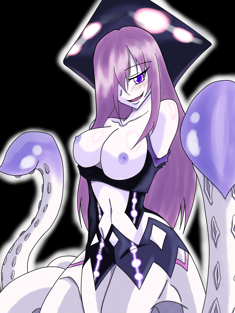 bangs blush breasts hat kraken_(monster_girl_encyclopedia) monster_girl monster_girl_encyclopedia navel nipples pale_skin purple_eyes purple_hair scylla tentacle