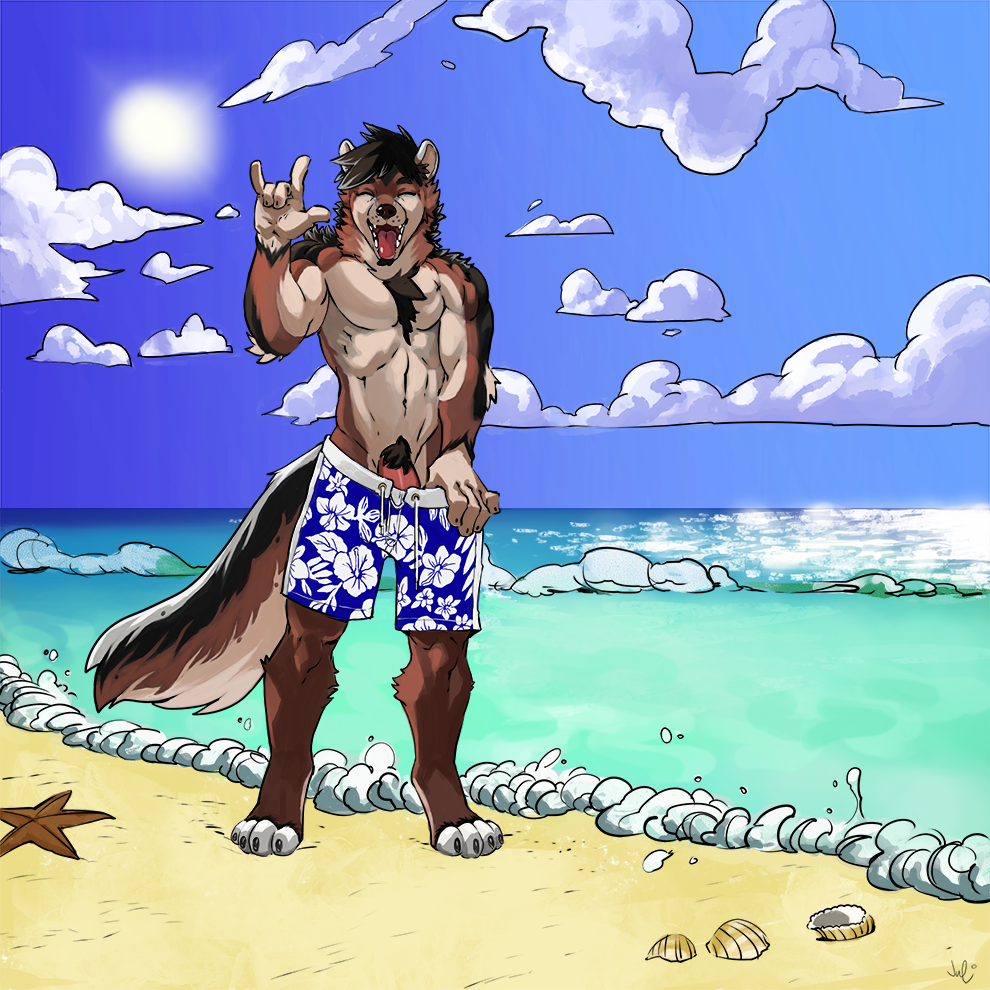 beach canine clothed clothing julicat male male_only mammal penis rusty_wollef seaside solo swimsuit teasing wolf