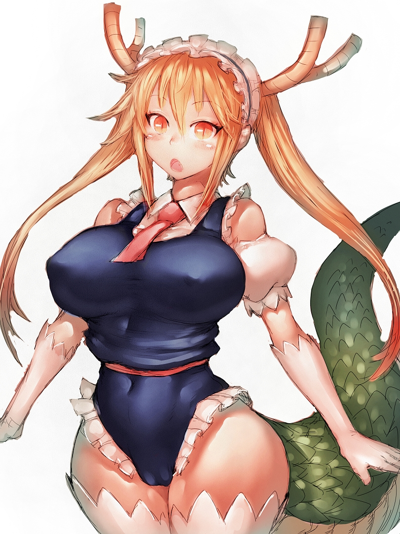 :o, adapted costume, antlers, bare shoulders, blonde hair, blush, breasts, brown hair, covered navel, curvy, cute fang, dragon girl, dragon tail, erect nipples, female, female only, fumio (rsqkr), large breasts, long hair, looking at viewer, miss kobayashi's dragon maid, nipples, open mouth, orange eyes, puffy short sleeves, puffy sleeves, short sleeves, simple background, slit pupils, solo, tail, thick thighs, thighhighs, thighs, tied hair, tohru (dragon maid), twintails, white background, white legwear, wide hips
