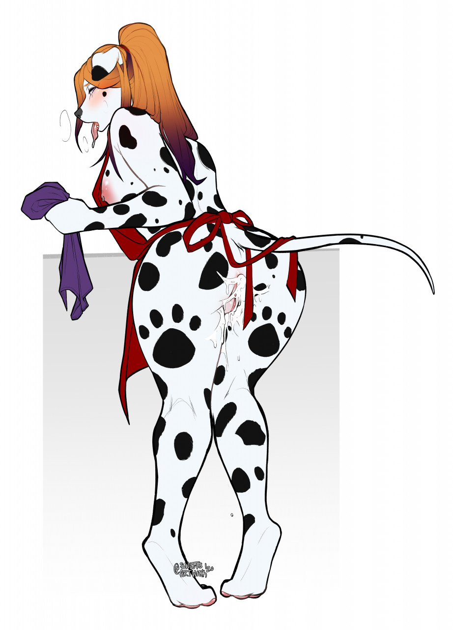 anthro anus apron apron_only ass blush bodily_fluids bow_legged breasts breath canid canine canis cathy_(dallypup) clothing cum cum_drip cum_in_ass cum_in_pussy cum_inside dalmatian digital_media_(artwork) domestic_dog dripping drooling female genital_fluids genitals hair hi_res looking_at_viewer mammal mostly_nude nipple_piercing nipples nude panting piercing pussy saliva signature solo spots sweetburn