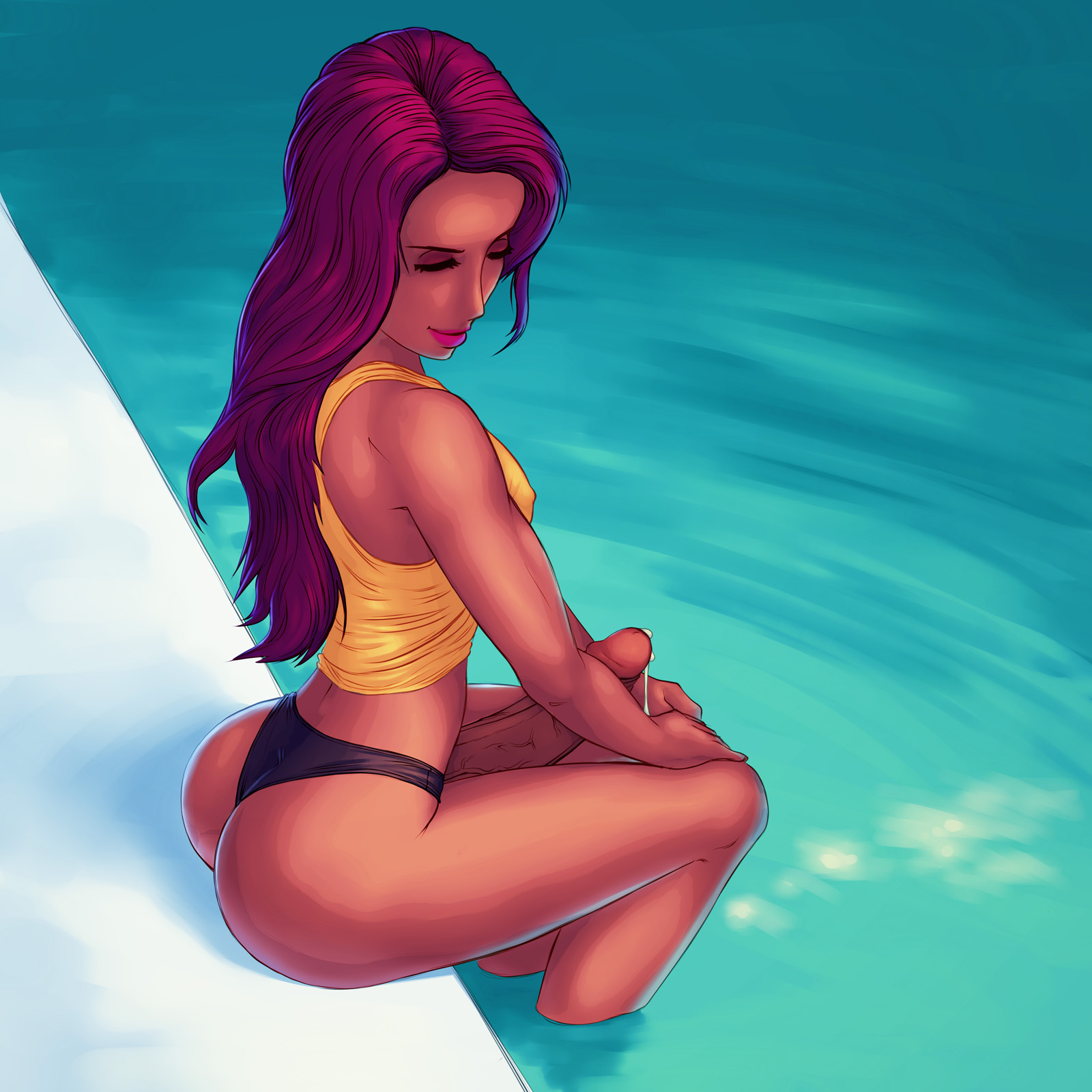 1futa, ass, bikini, cum, cum in water, drmorpheus, erection, full-package futa, futa only, futanari, intersex, large penis, long hair, no balls, penis, pool, poolside, precum, purple hair, sitting, solo, tank top, thong