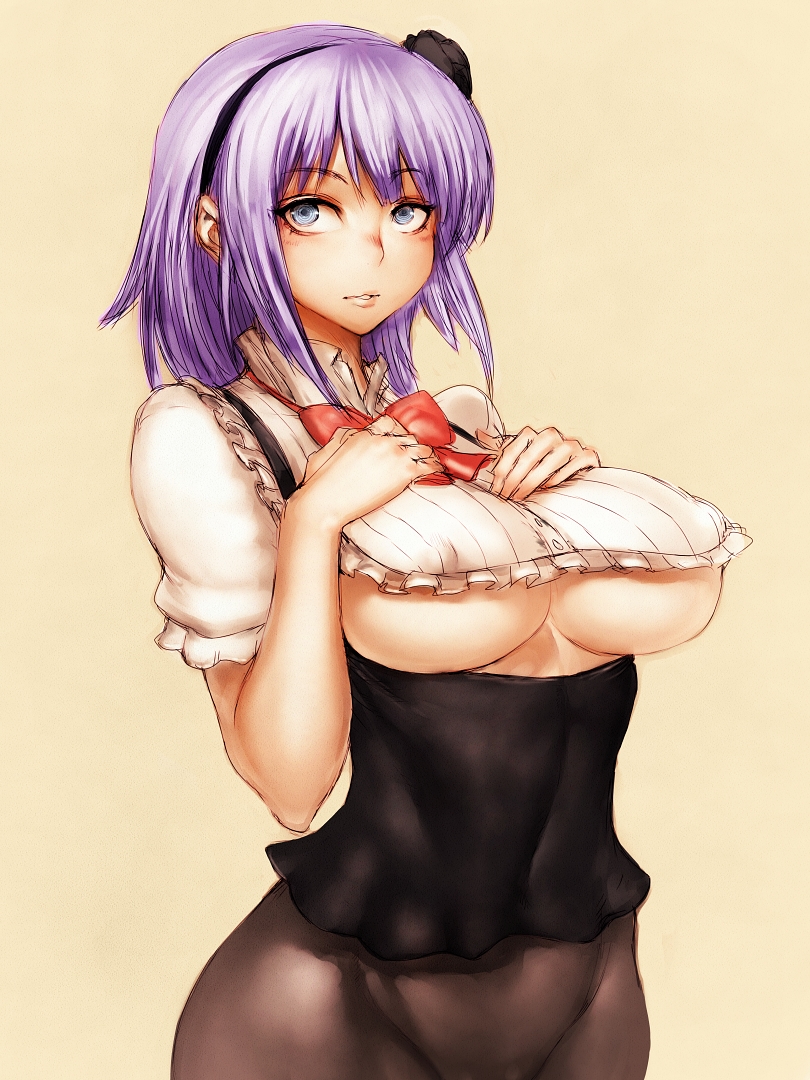 adapted_costume blue_eyes breast_suppress breasts brown_background dagashi_kashi female flower fumio_(rsqkr) hair_flower hair_ornament hairband large_breasts long_hair looking_at_viewer pantyhose parted_lips purple_hair raised_eyebrows shidare_hotaru simple_background solo underboob underbust