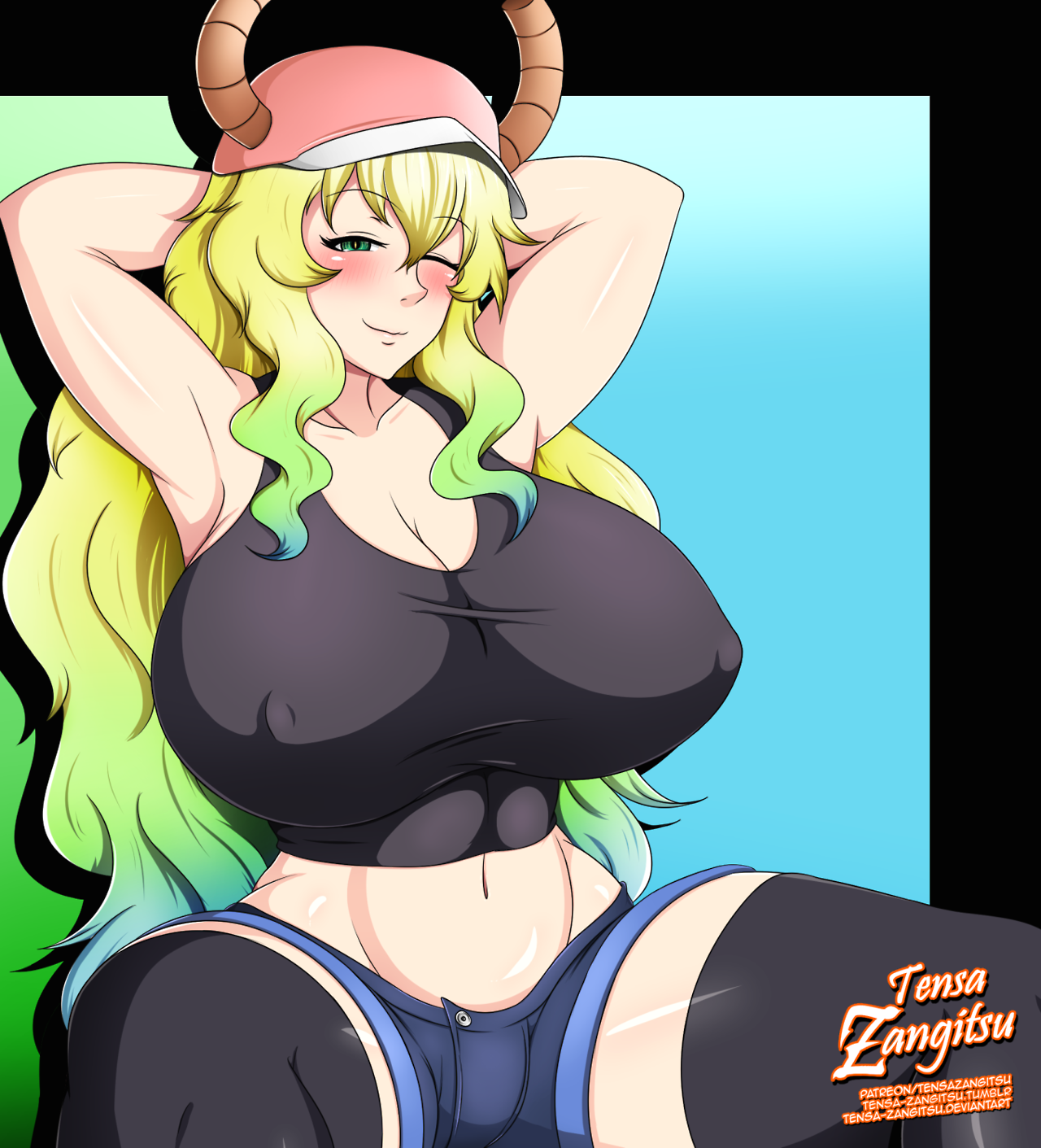 arms up, big breasts, blush, breasts, cleavage, female, female only, huge breasts, large breasts, looking at viewer, miss kobayashi's dragon maid, nipples, quetzalcoatl (dragon maid), solo, tensa-zangitsu