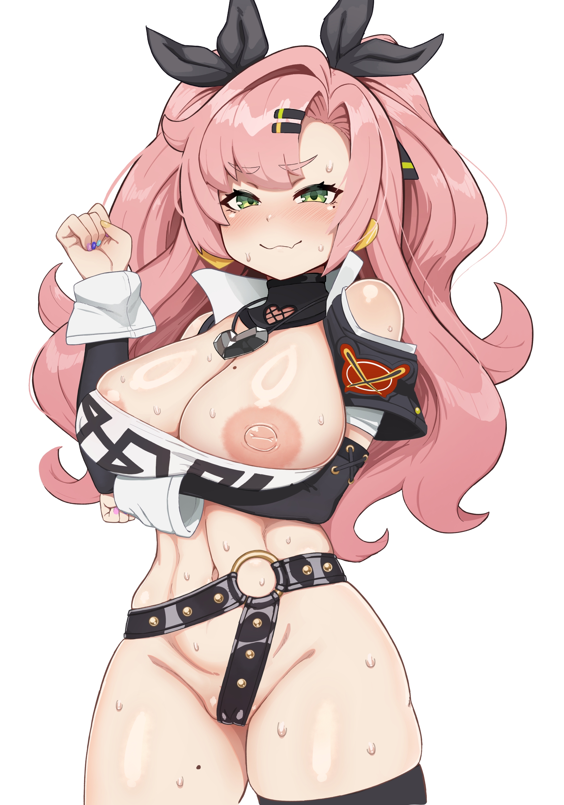 1girls, areolae, areolae slip, arm under breasts, big areola, big breasts, blush, bottomwear, breasts, cameltoe, female, female only, green eyes, hair, hair ornament, hair ribbon, hairclip, hips, huge breasts, legwear, long hair, mentaiko jojotarou, mole, mole on breast, mole under eye, multicolored nail polish, multicolored nails, nail polish, nails, necklace, neckwear, nicole demara, one breast out, pink hair, solo, solo female, sweat, sweatdrop, sweaty, thick thighs, thighs, topwear, tubetop, twintails, zenless zone zero