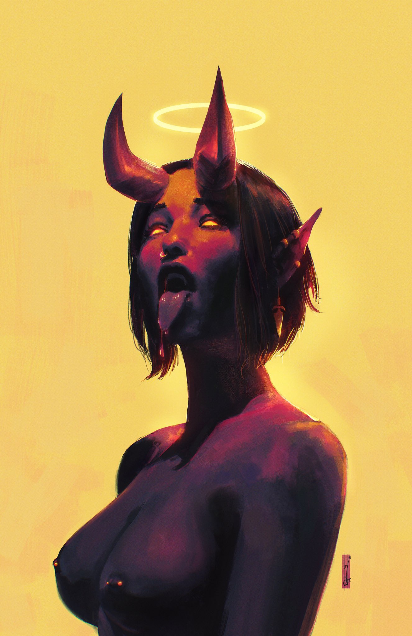 breasts chris_shehan demon demon_girl exposed_breasts halo horns pierced_nipples pointy_ears red_body red_skin tongue tongue_piercing yellow_eyes