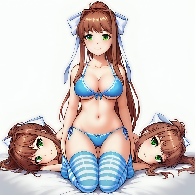 3girls ai_generated bangs bed behind_another big_breasts blue_bra blue_lingerie blue_panties blue_thighhighs bow bow_bra bow_in_hair bow_panties bra cleavage clone clones clothed coral_brown_hair doki_doki_literature_club green_eyes kneeling laying_on_side lingerie long_hair looking_at_viewer monika_(doki_doki_literature_club) multiple_girls on_bed panties ponytail side-tie_panties side_tie_panties sidelocks smiling_at_viewer striped_thighhighs thighhighs underwear white_background white_bow yodayo