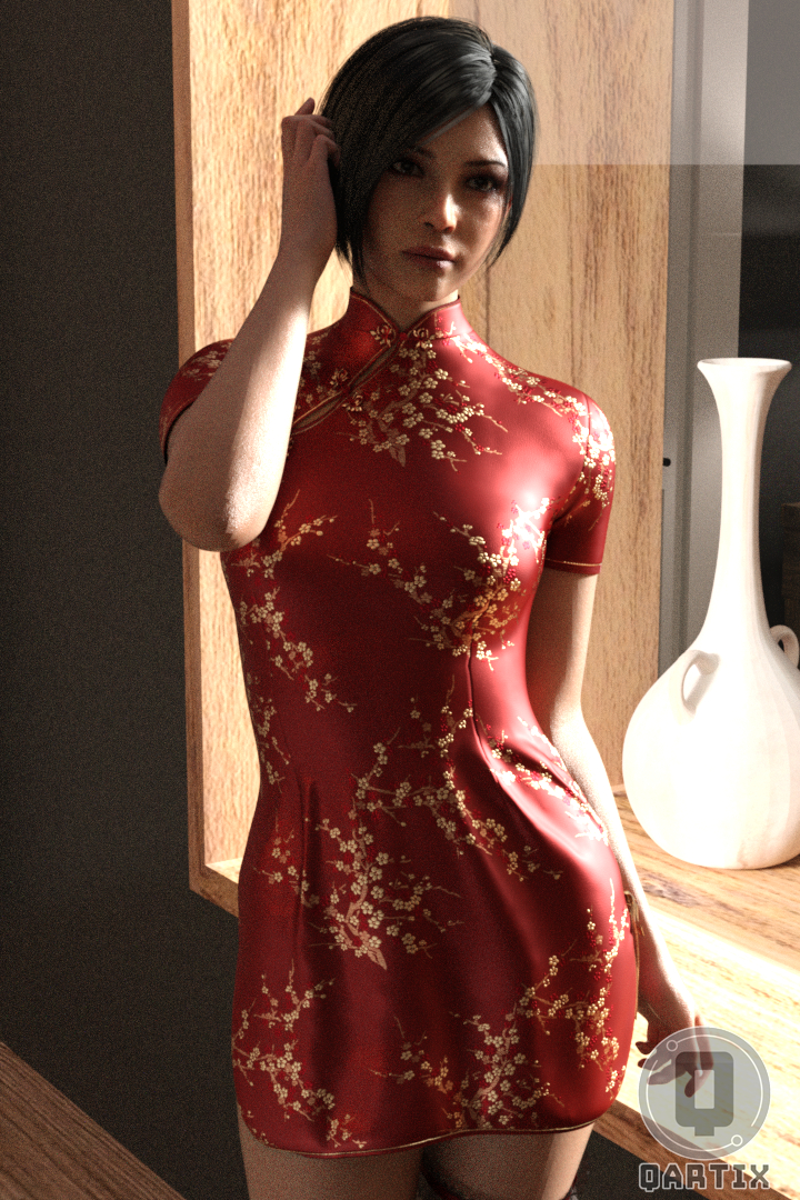 3d_(artwork) 3d_model 3d_render ada_wong ada_wong_(adriana) asian asian_female black_hair brown_eyes chinese_clothes chinese_dress chinese_female female fit_female inside qartix qipao red_dress resident_evil resident_evil_4 resident_evil_4_remake short_hair vase zettai_ryouiki