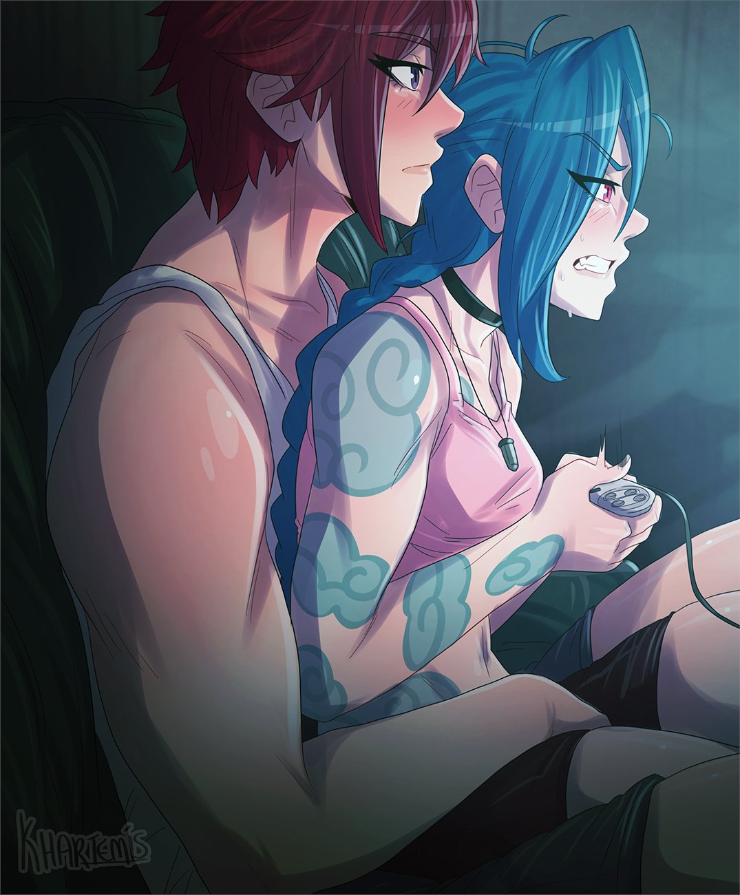 2d 2d_(artwork) 2girls arcane arcane_jinx arcane_vi athletic athletic_female blue_hair blush blush clothed controller couple female female_only gaming hand_between_legs hand_on_pussy incest jinx_(league_of_legends) khartemis league_of_legends long_hair muscular muscular_female pink_eyes playing_videogame red_hair short_hair siblings sisters sitting_on_lap size_difference sweat sweating tattoo tattoos vi yuri