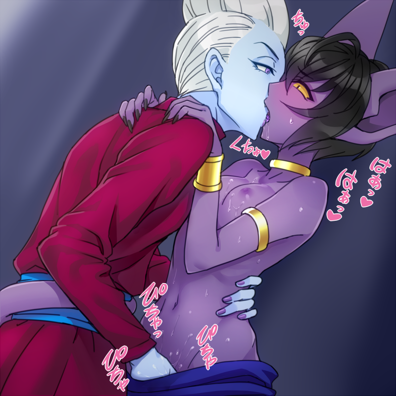 1boy angel_(dragon_ball) beerus belly black_hair blue_skin breasts dragon_ball dragon_ball_super eyebrows female fingering genderswap genderswap_(mtf) goddess heart kissing male nipples open_mouth pants pointy_ears purple_eyes purple_skin pussy_juice rule_63 saliva shirt short_hair simple_background stomach teba_motoko tongue topless whis white_hair yellow_eyes